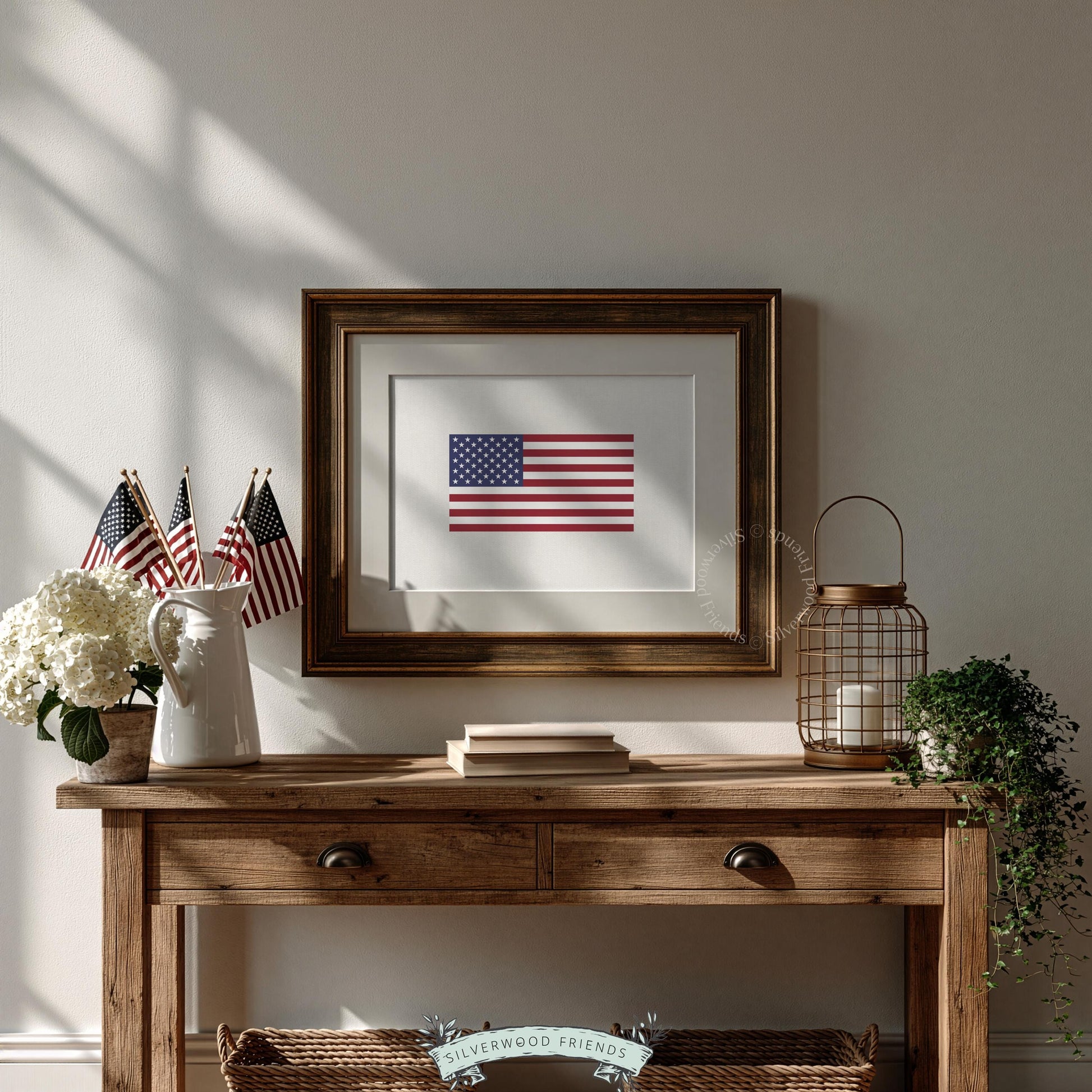 Patriotic flag digital art for cabin — minimalist stars and stripes with centered, balanced composition