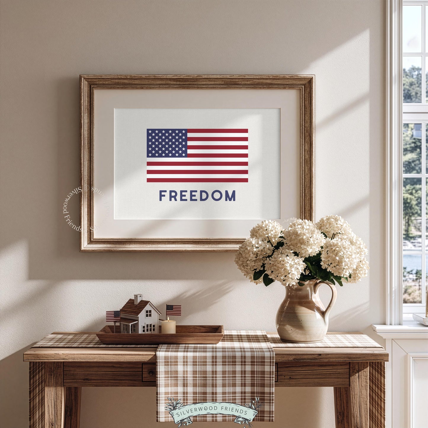 Patriotic flag poster featuring bold freedom lettering — minimalist red white blue wall art