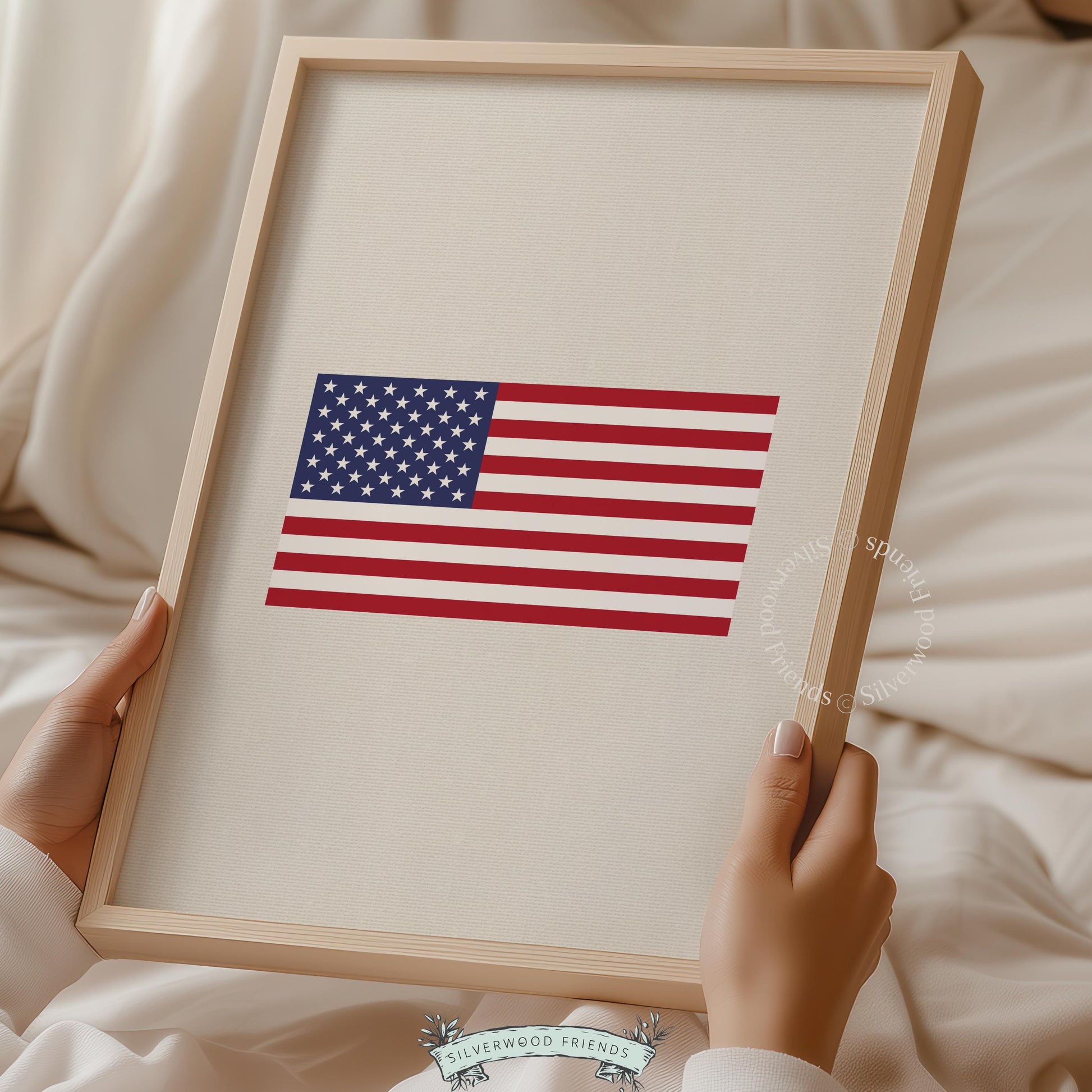 Centered American flag artwork for hallway — minimalist graphic on cream with muted vintage tone