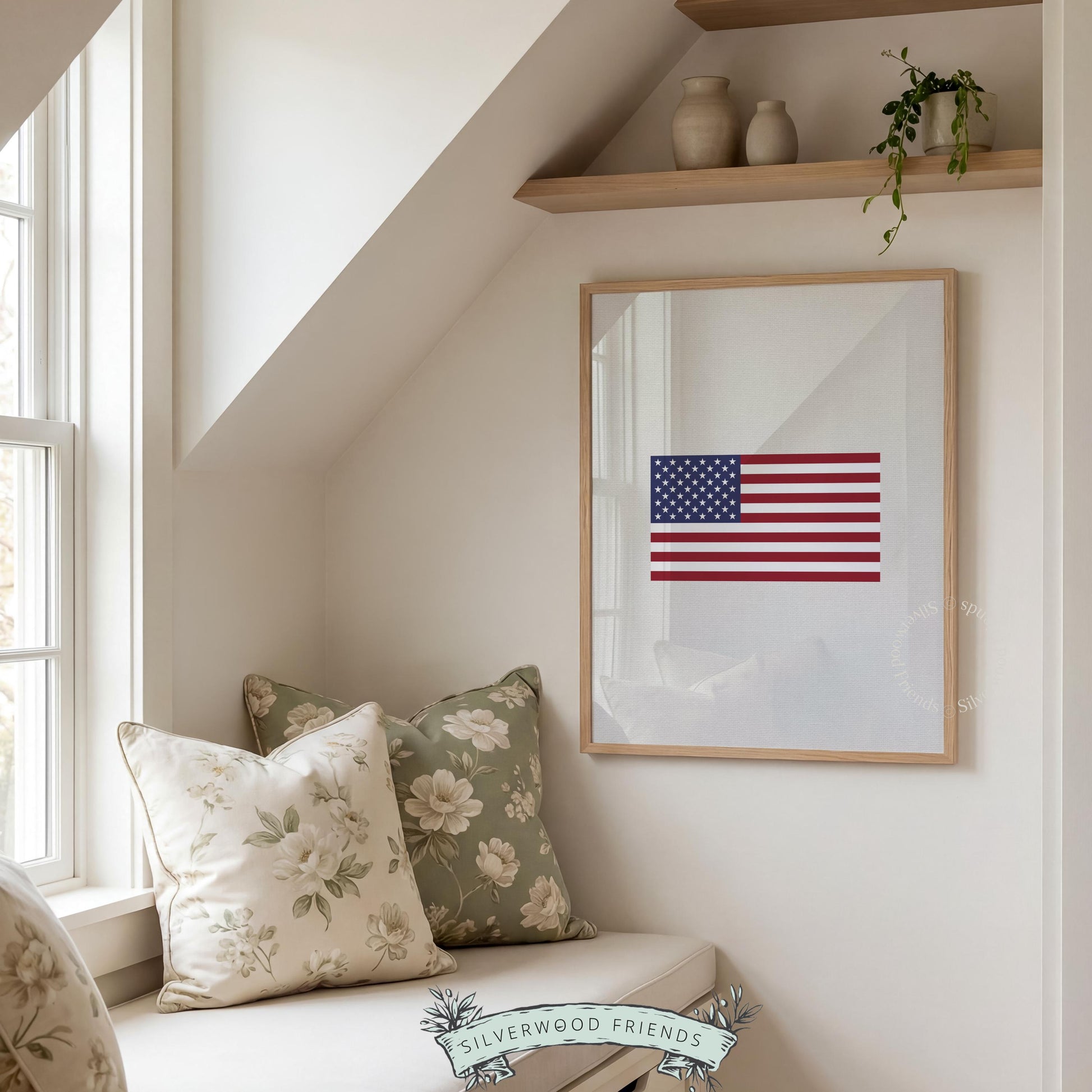 USA flag painting printable art — understated design with warm, vintage-toned background
