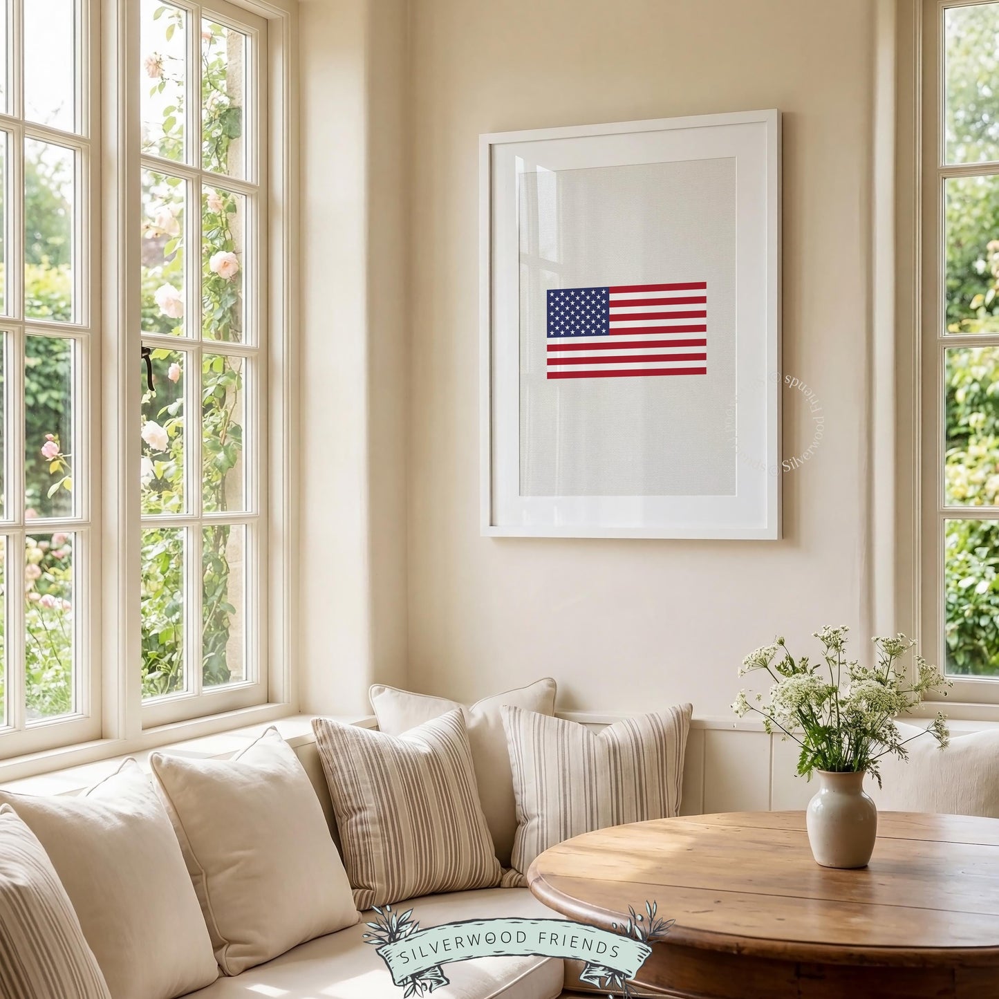 Minimalist American flag poster for farmhouse home — cream background with red, white, and navy