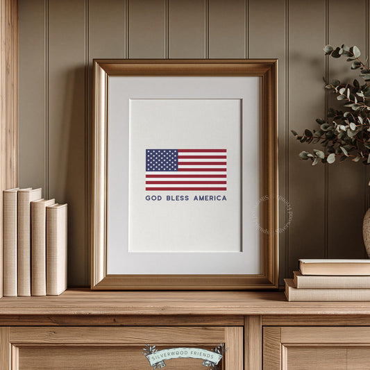 American flag printable art with "God Bless America" text — vintage patriotic wall print for bedroom