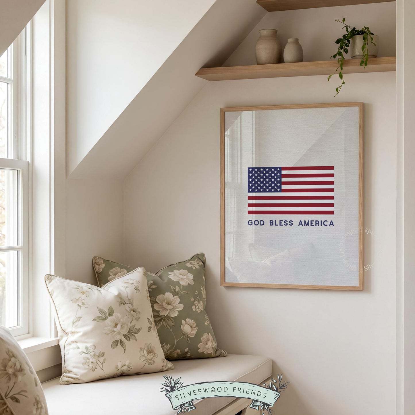 Vintage-inspired flag picture with patriotic sentiment — minimalist red, white, and blue printable