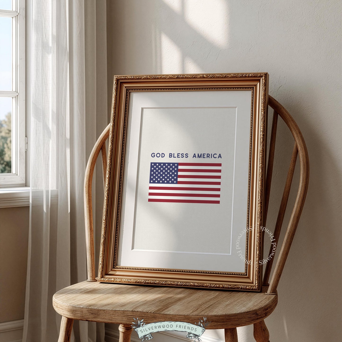 Vintage-inspired flag picture for entryway — patriotic USA design with elegant typography on soft cream foundation