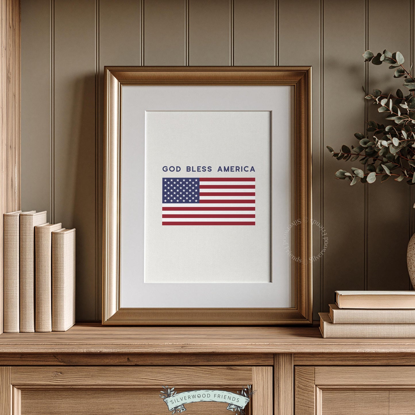 USA flag poster with scripture-inspired patriotic message — vintage-style red, white, and blue design on aged neutral backdrop