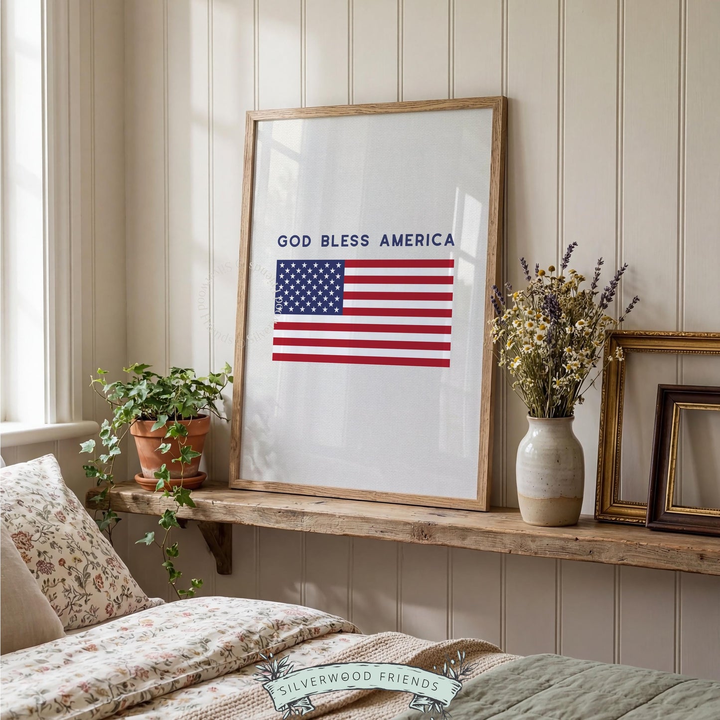 God Bless America digital print for living room — clean American flag graphic with farmhouse neutral color palette