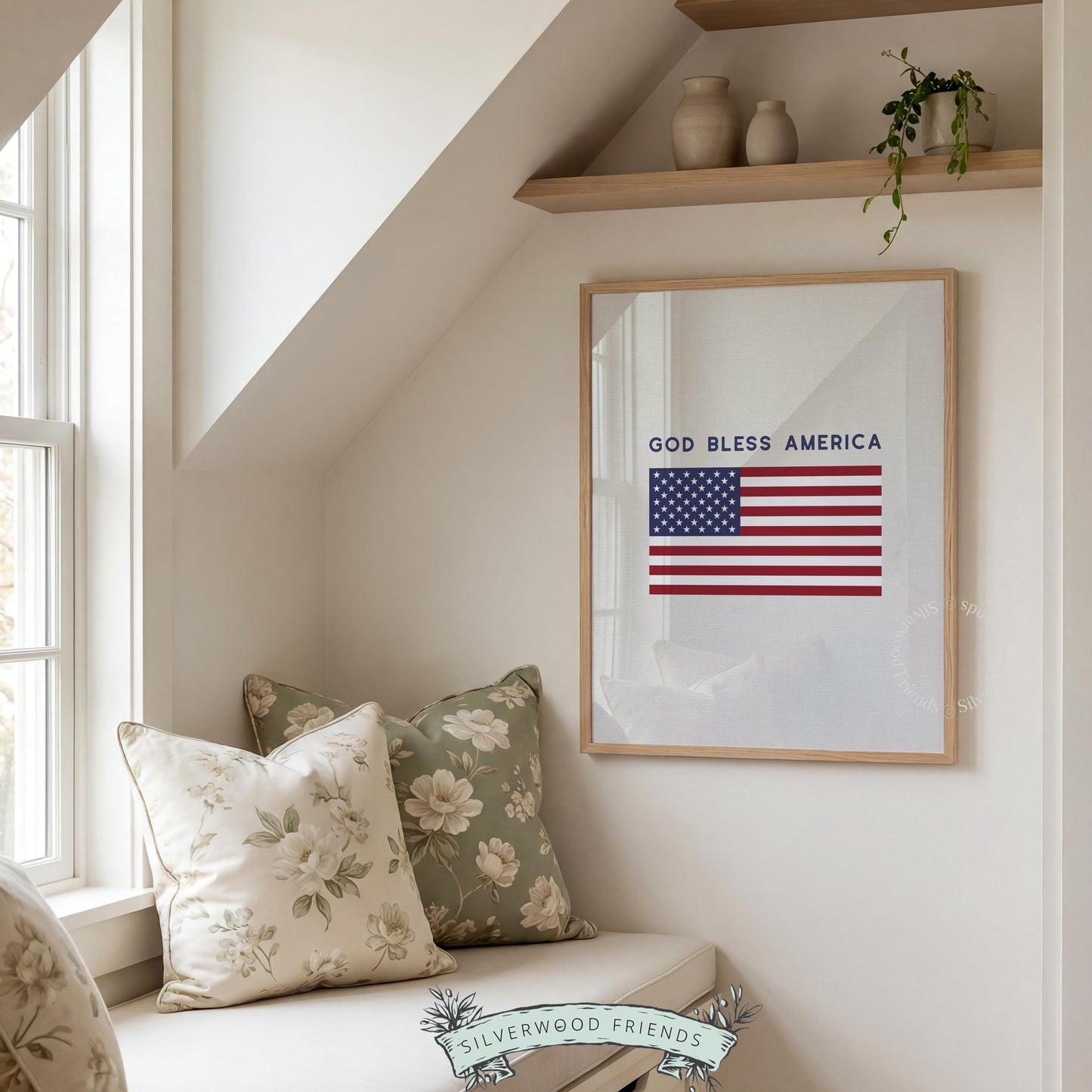 Red white and blue flag wall art — minimalist patriotic design with cream backdrop and simple bold typography