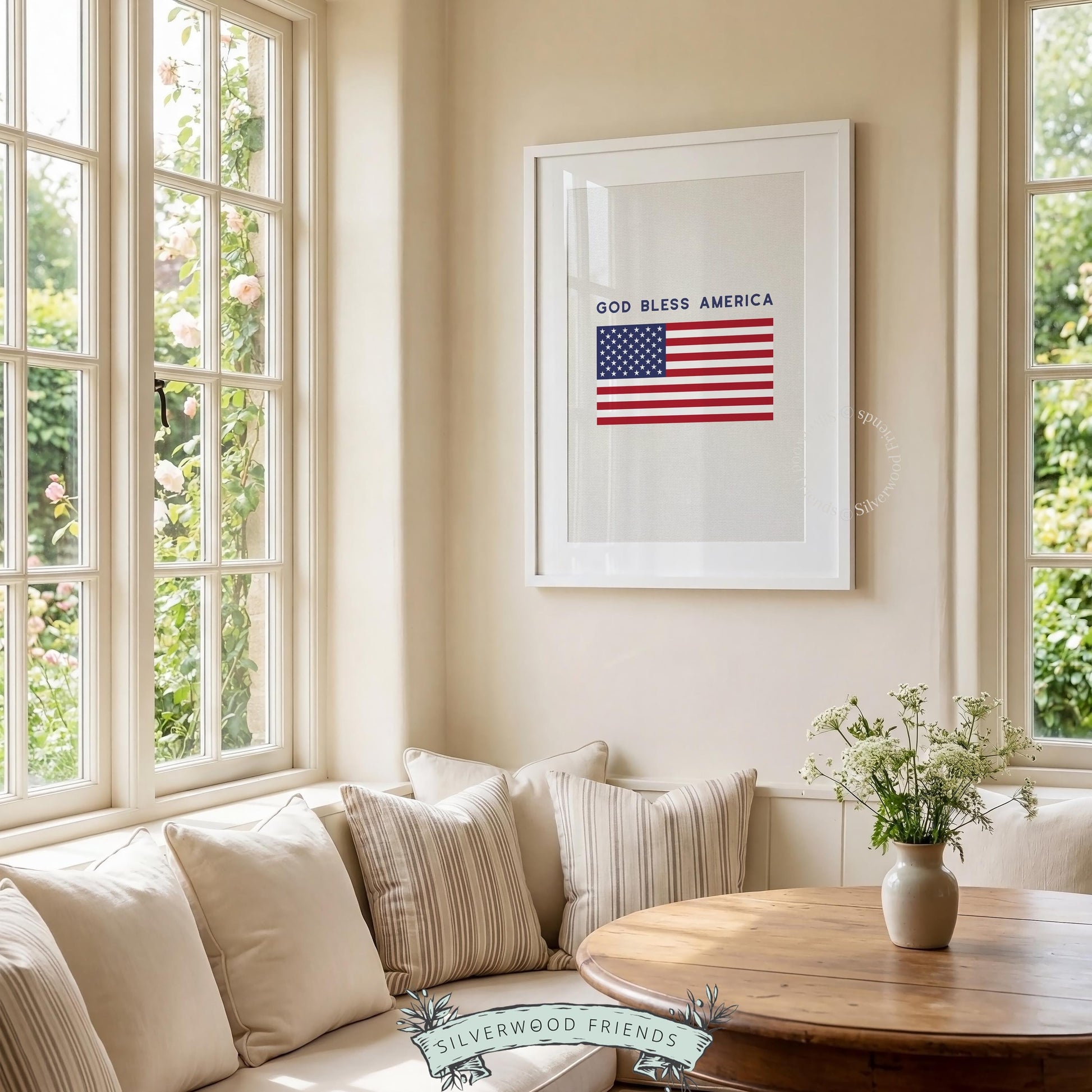 American patriotic wall picture with farmhouse appeal — centered flag design on cream with bold simple lettering