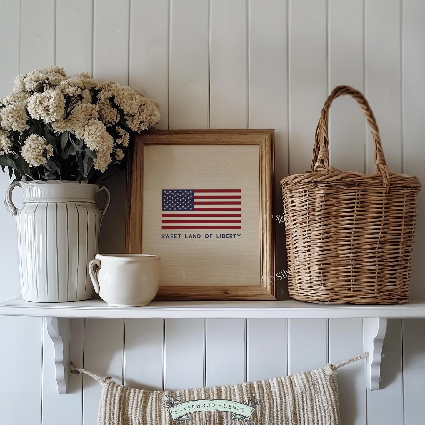 US flag wall art printable — faded red white blue design with farmhouse aesthetic for Fourth of July décor