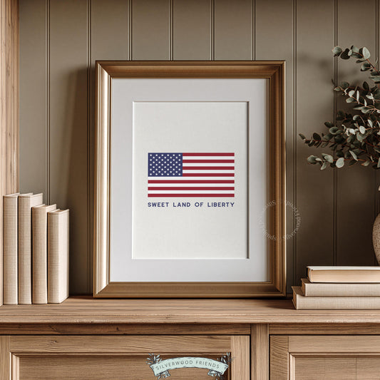 Americana print digital file — centered stars and stripes with serif quote on soft off-white canvas
