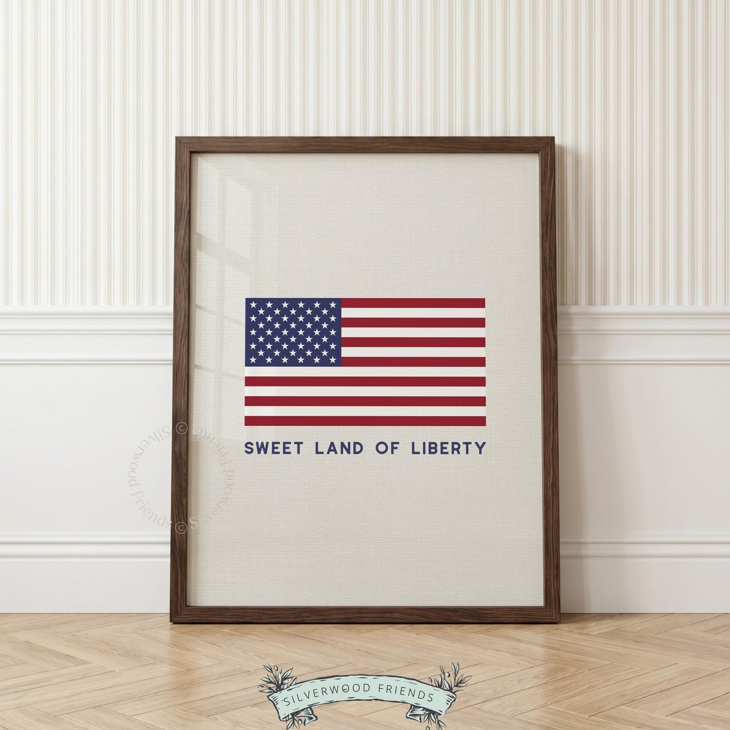 Farmhouse flag sign printable art — traditional US flag with vintage-washed finish and patriotic sentiment