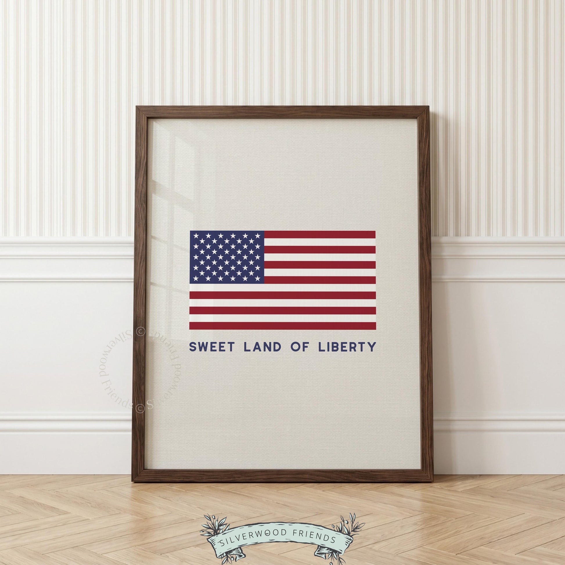 Farmhouse flag sign printable art — traditional US flag with vintage-washed finish and patriotic sentiment