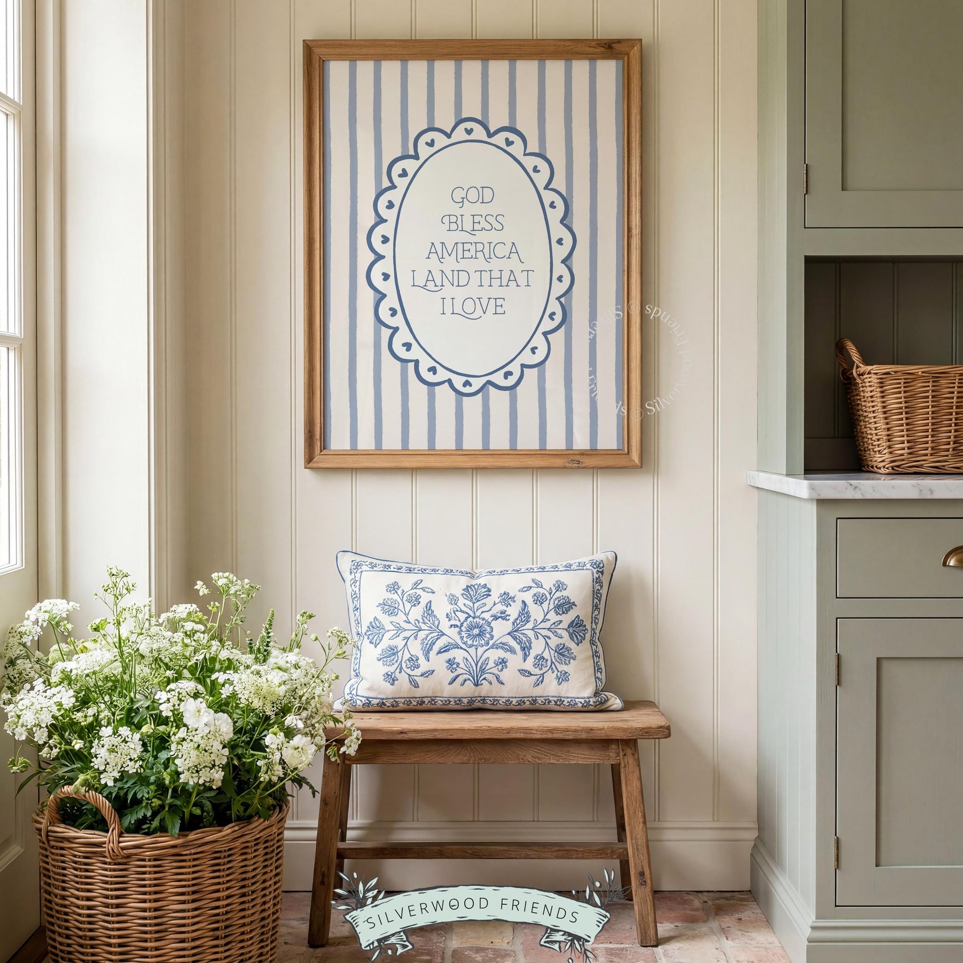 Cottagecore typography digital print for bedroom — charming Americana artwork with delicate scalloped border and tiny hearts