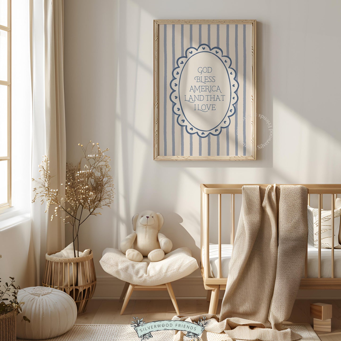 American flag-inspired digital print picture — gentle vintage typography on cream with dusty blue stripes and scalloped oval