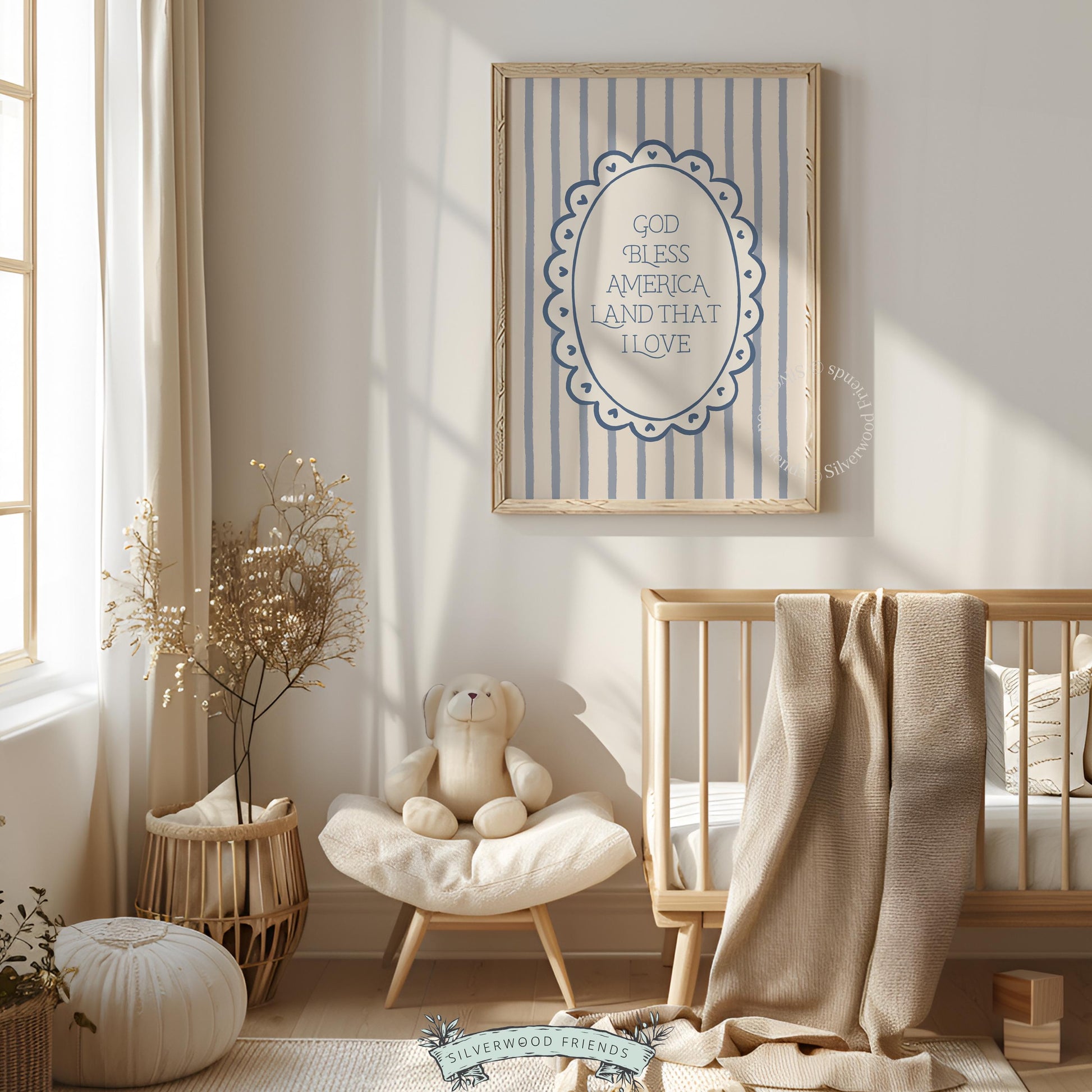 American flag-inspired digital print picture — gentle vintage typography on cream with dusty blue stripes and scalloped oval