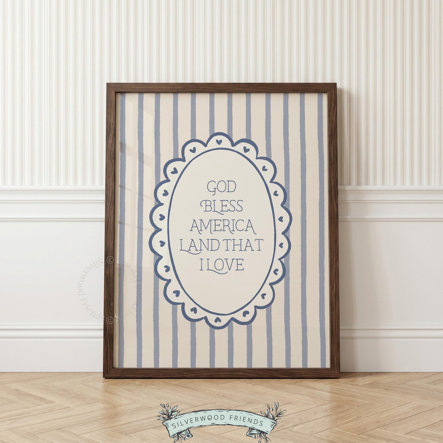 Americana-themed digital poster printable art for farmhouse — illustrated scalloped border with tiny heart embellishments