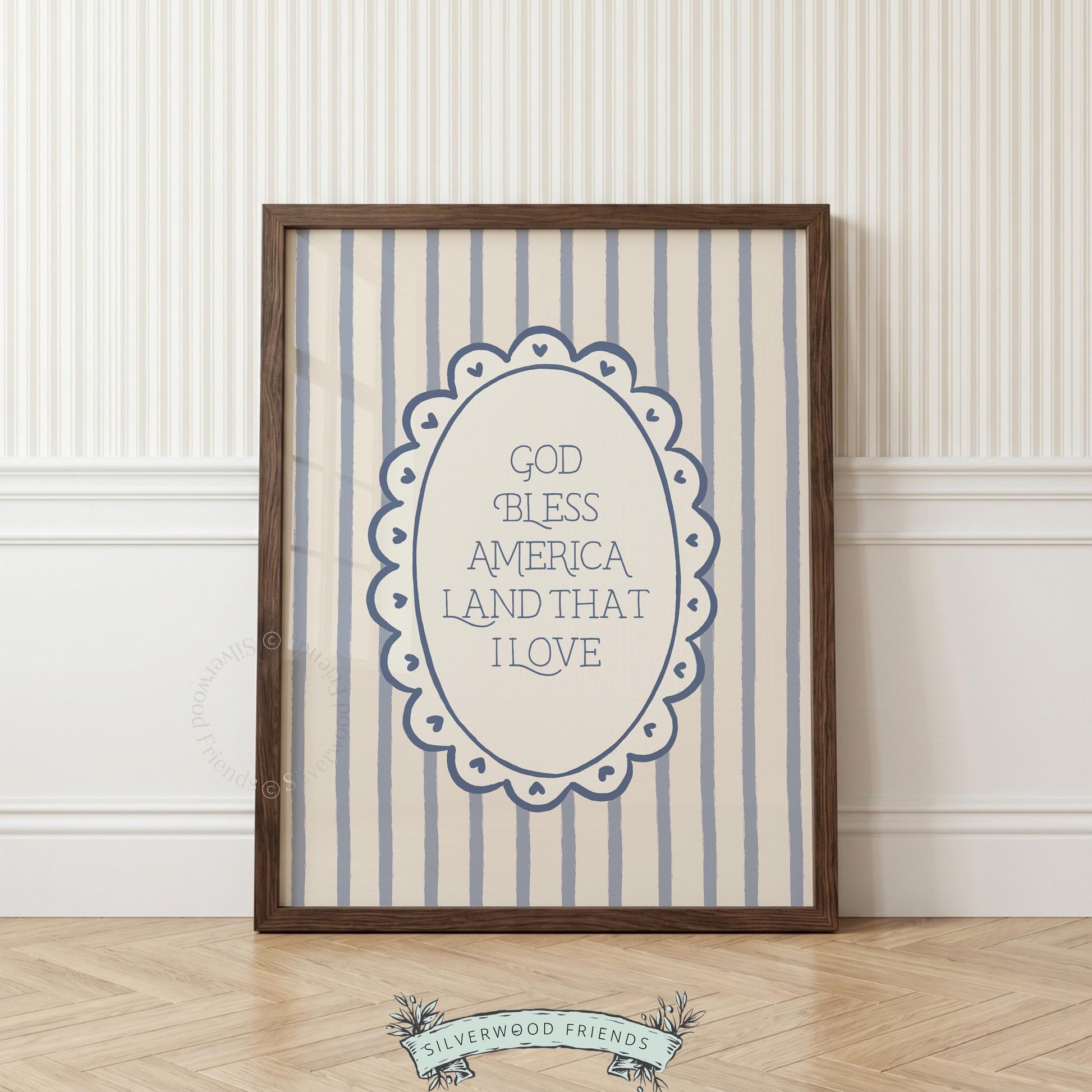Americana-themed digital poster printable art for farmhouse — illustrated scalloped border with tiny heart embellishments
