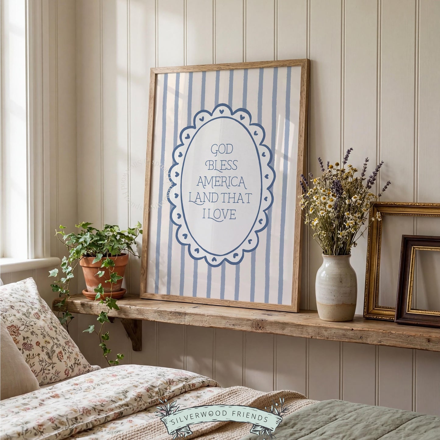 Home of the Brave patriotic poster printable for farmhouse — illustrated hand-lettered design with charming neutral palette