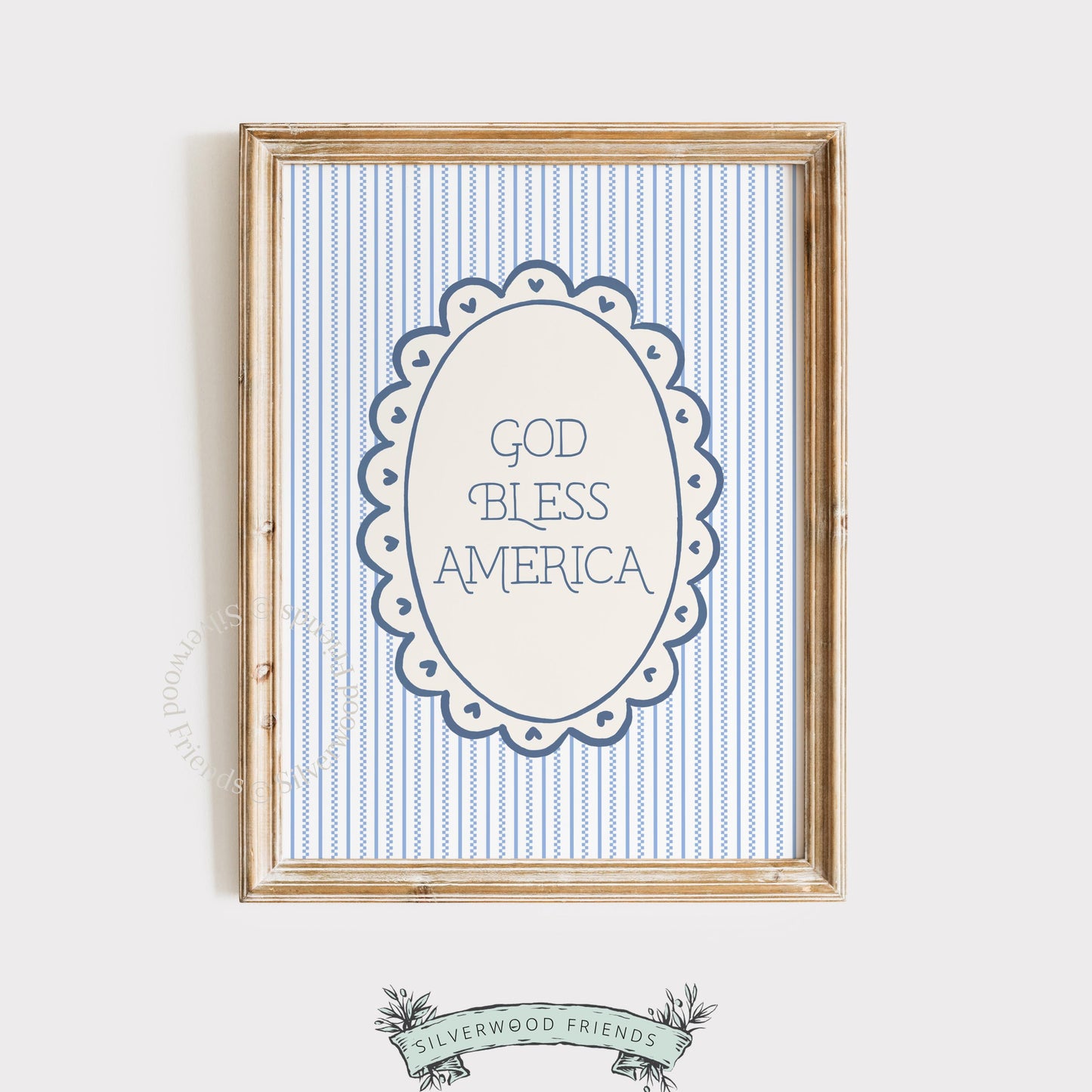 "God Bless America" poster for kitchen wall — vintage oval medallion with decorative hearts on striped backdrop