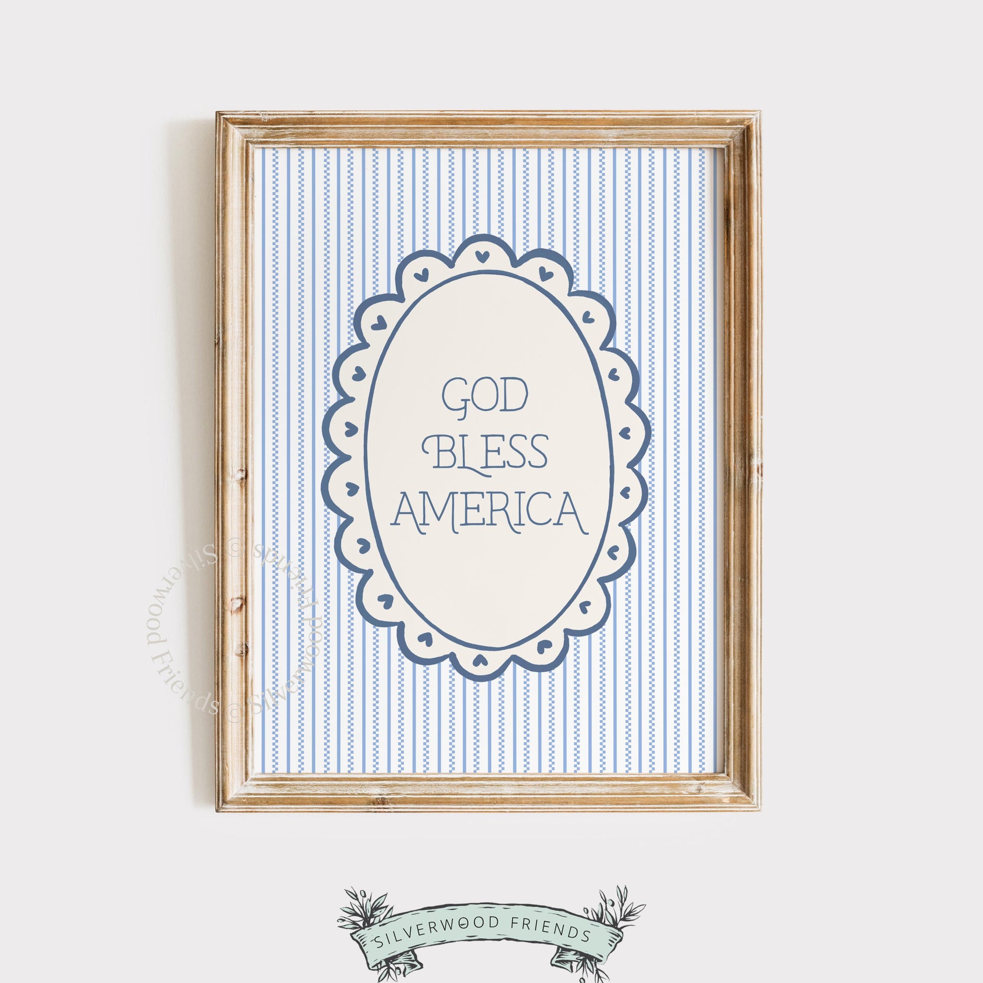 "God Bless America" poster for kitchen wall — vintage oval medallion with decorative hearts on striped backdrop