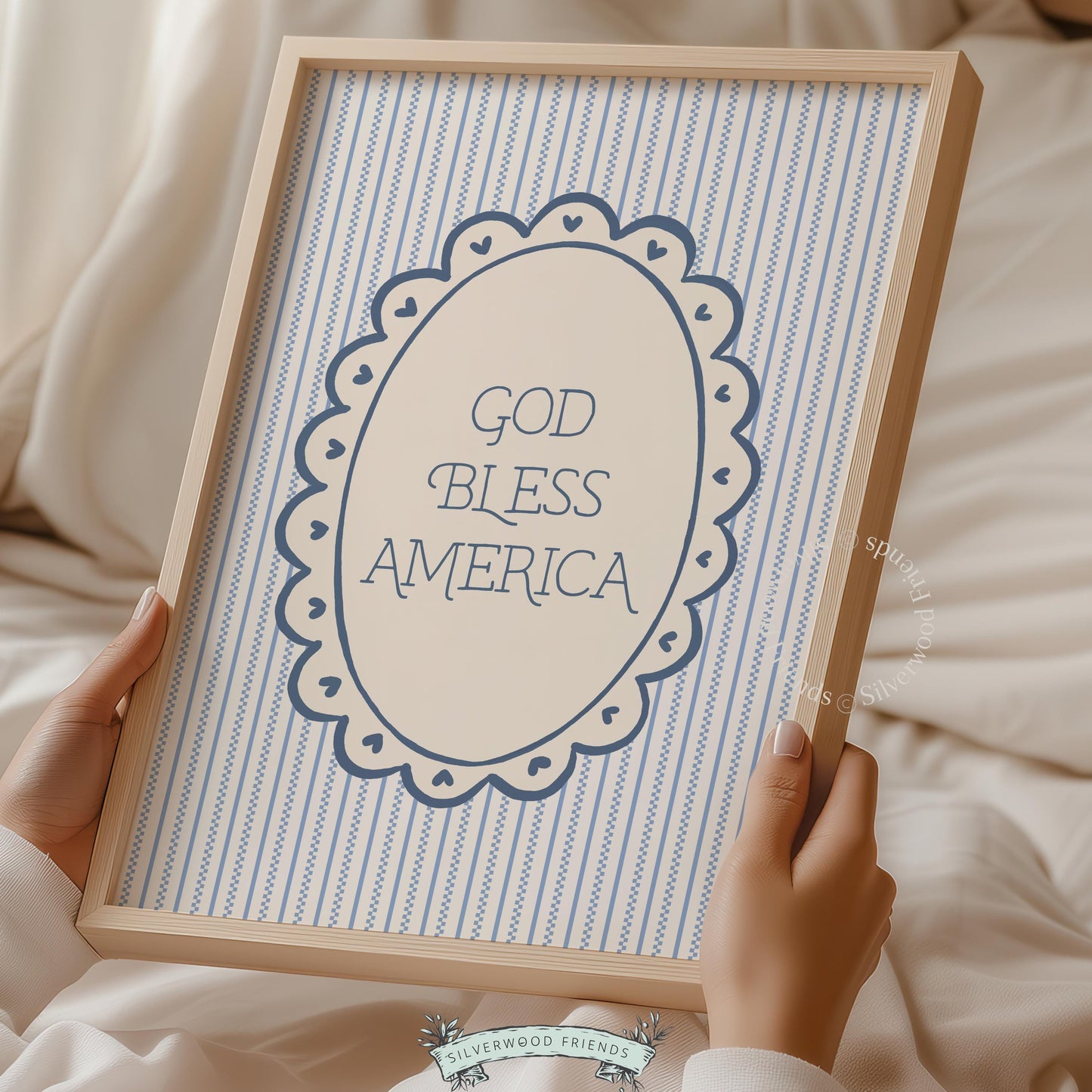 "God Bless America" home decor printable art for nursery — soft color palette with decorative medallion accent