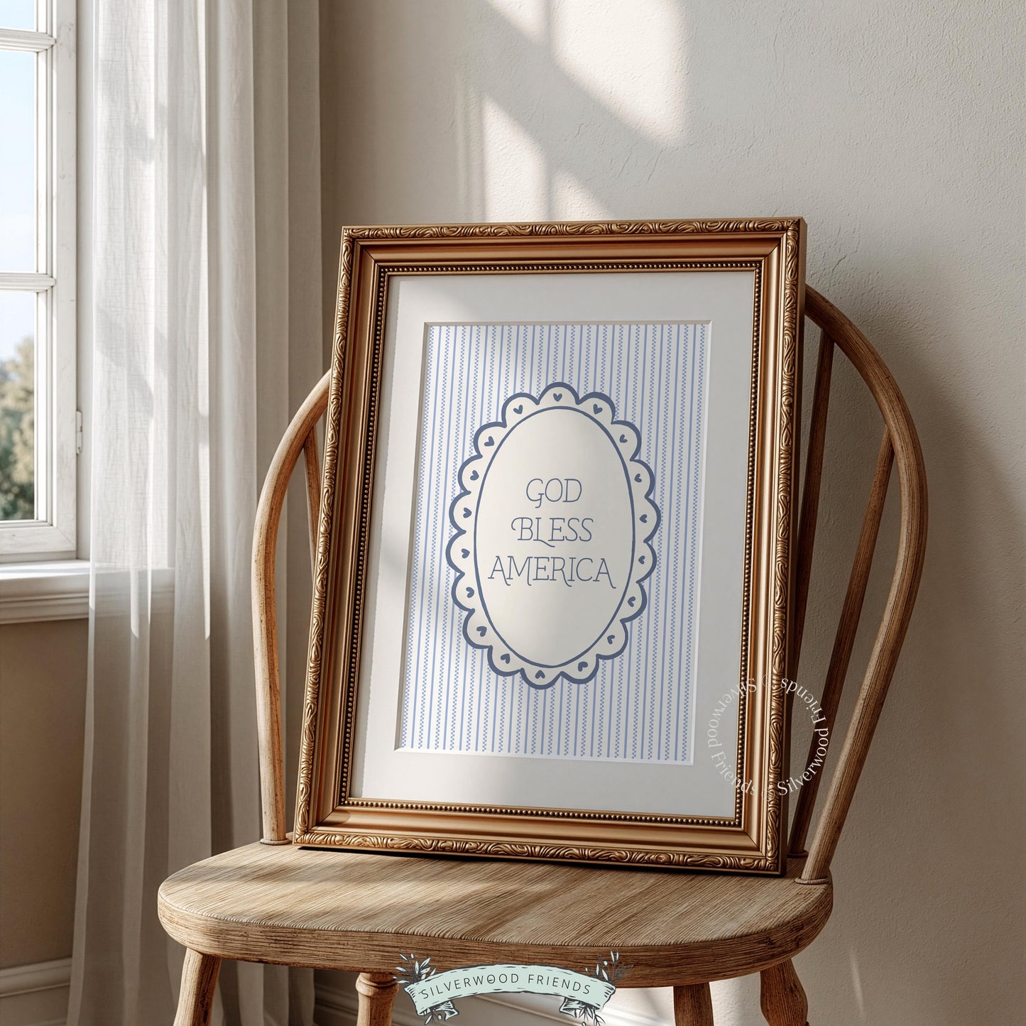 Americana inspirational artwork poster for hallway — dusty blue palette with elegant oval frame and patriotic text