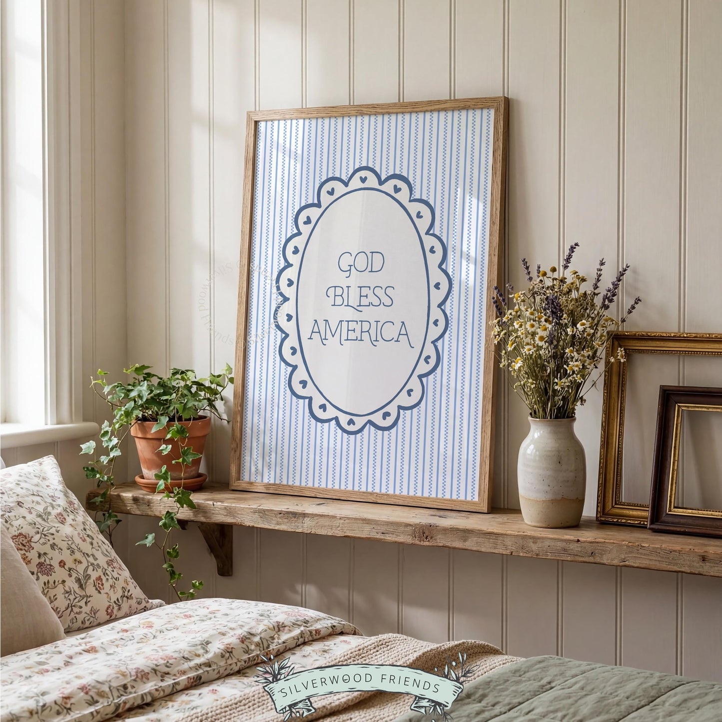 Fourth of July digital print for guest bedroom — cottagecore design with cream and dusty blue color scheme