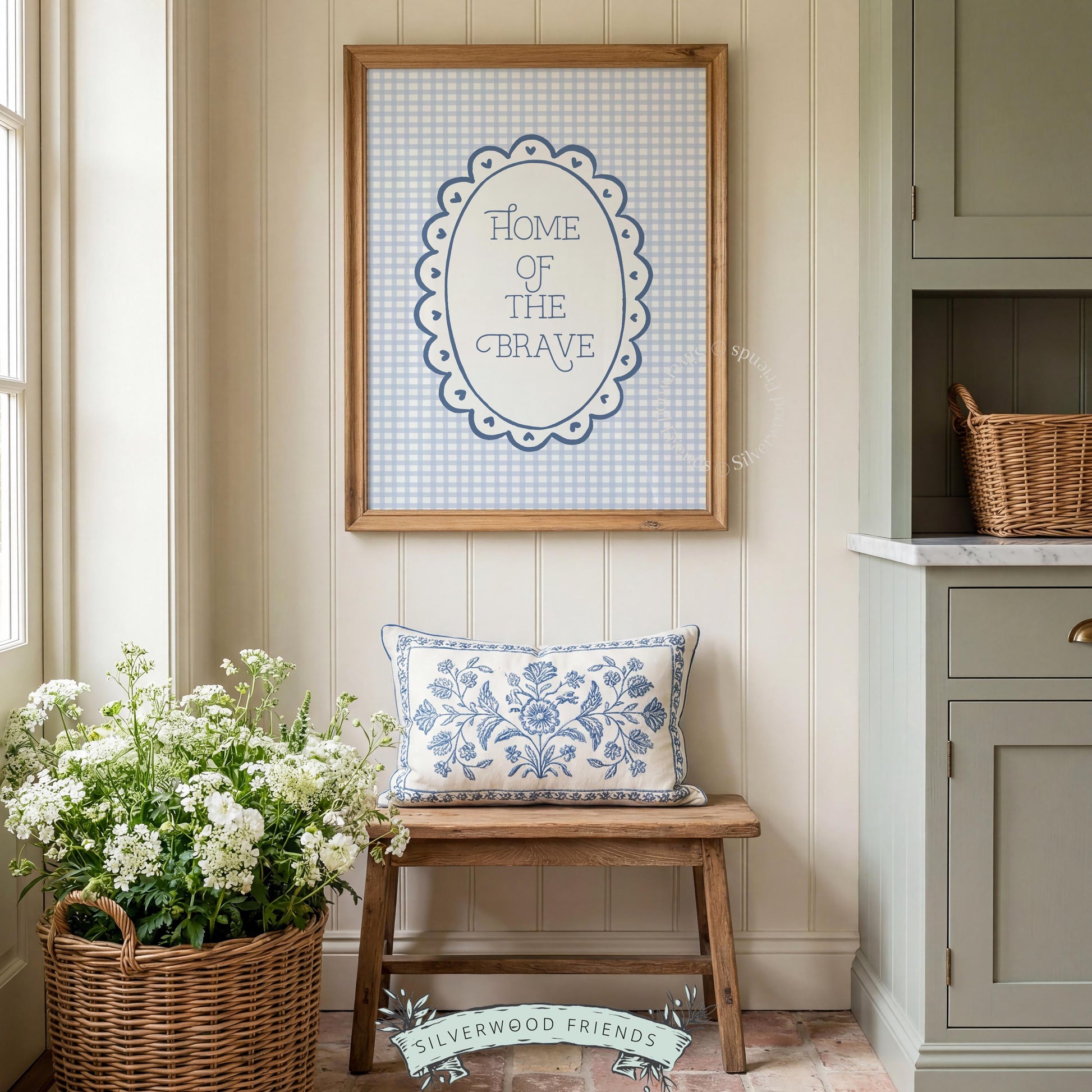 Vintage Americana typography picture print — cottage-style hearts and gingham background for living room