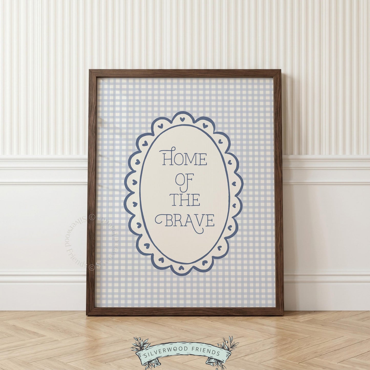 Patriotic typography wall art for kitchen — scalloped frame print with cottagecore vintage charm