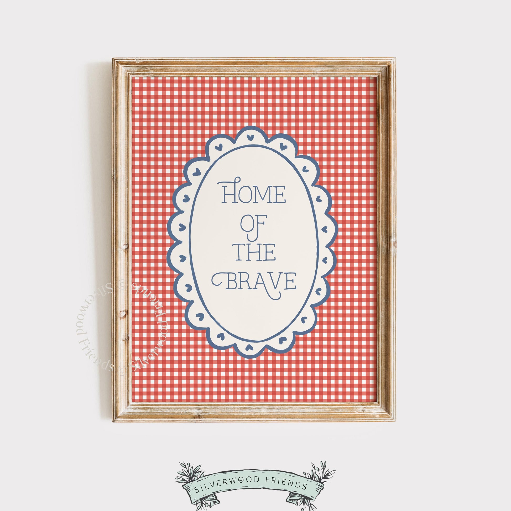 "Home of the Brave" printable art for entryway — classic red and white gingham background with cream badge