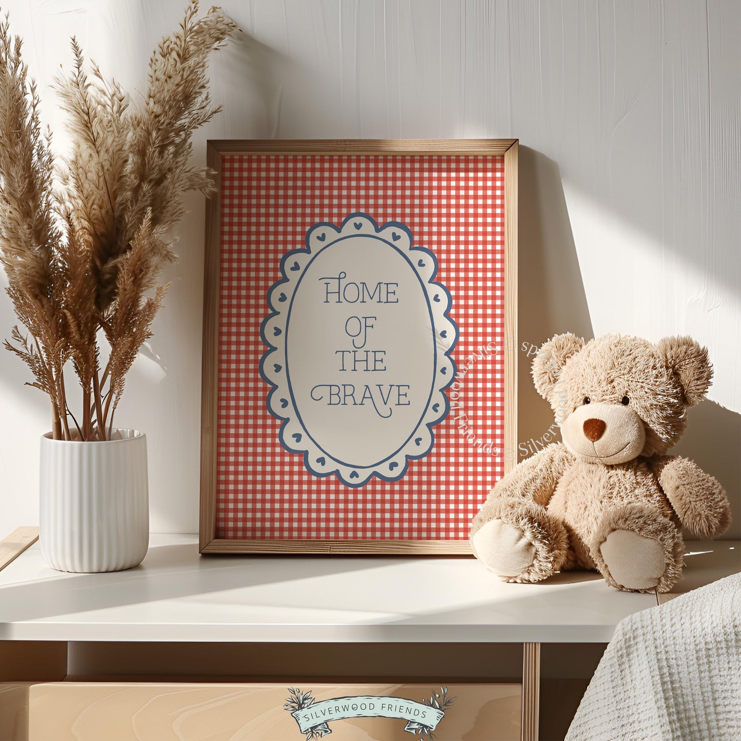Retro patriotic picture art for holiday display — "Home of the Brave" quote on charming red and white gingham