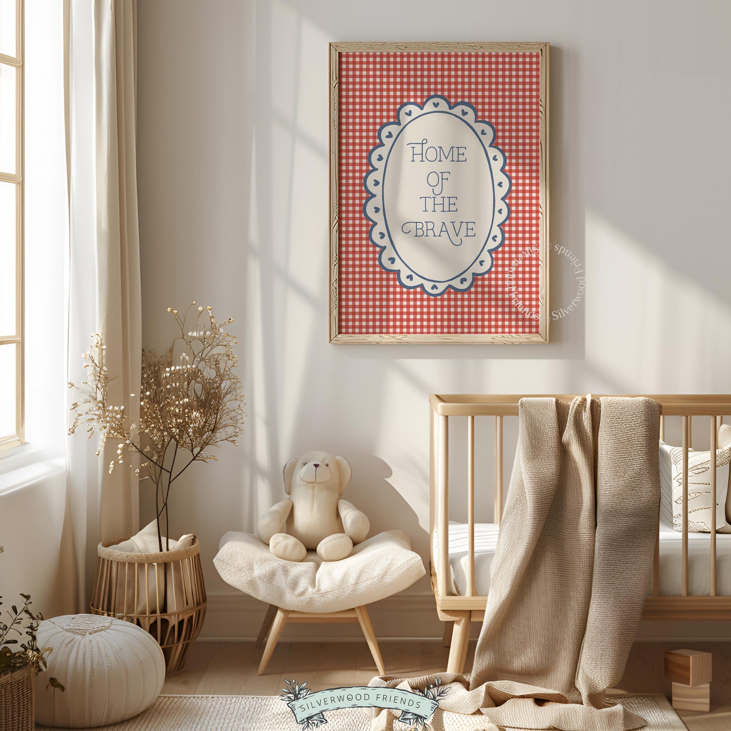 "Home of the Brave" typography poster for living room — patriotic red gingham with navy text and scalloped frame