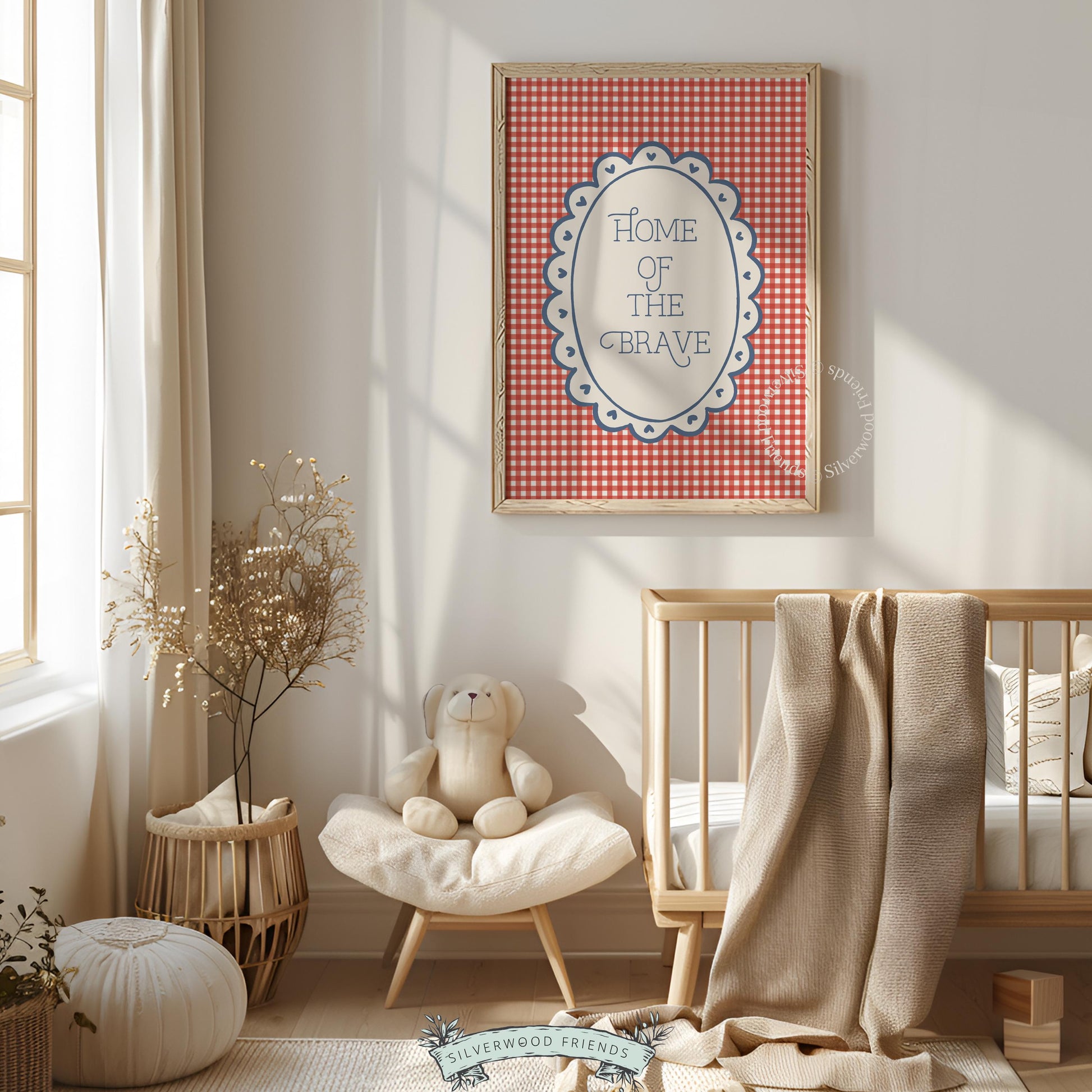 "Home of the Brave" typography poster for living room — patriotic red gingham with navy text and scalloped frame