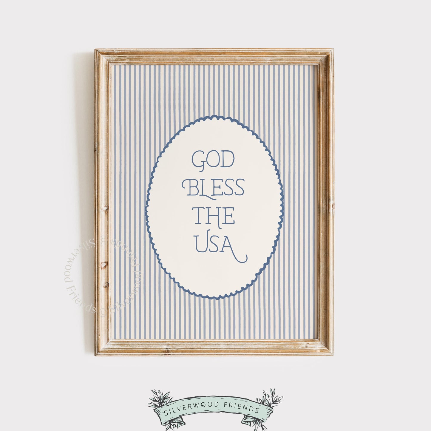 God Bless the USA print for Fourth of July decor — classic patriotic design with neutral color palette