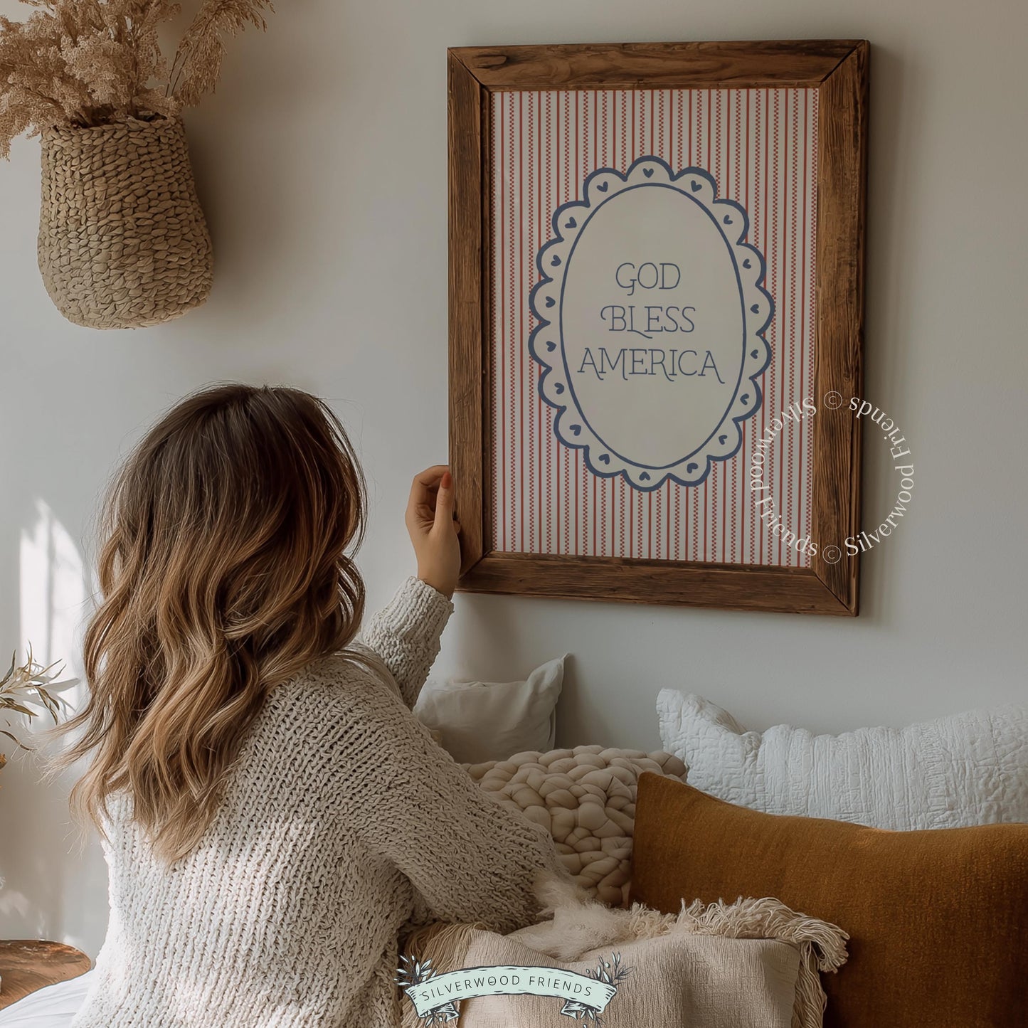 Cottage-core wall decor with patriotic message — hand-lettered typography surrounded by decorative flourishes