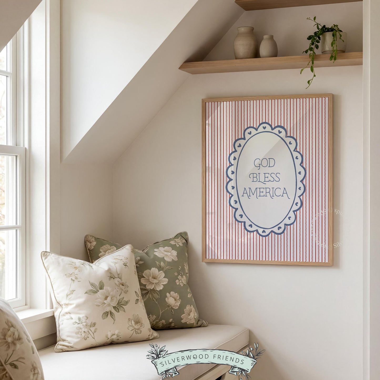 Scalloped frame poster art for bedroom — vintage patriotic text with delicate heart details and nostalgic styling