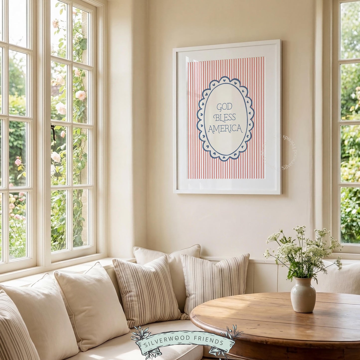 Vintage American pride poster art featuring elegant typography surrounded by delicate decorative frame elements