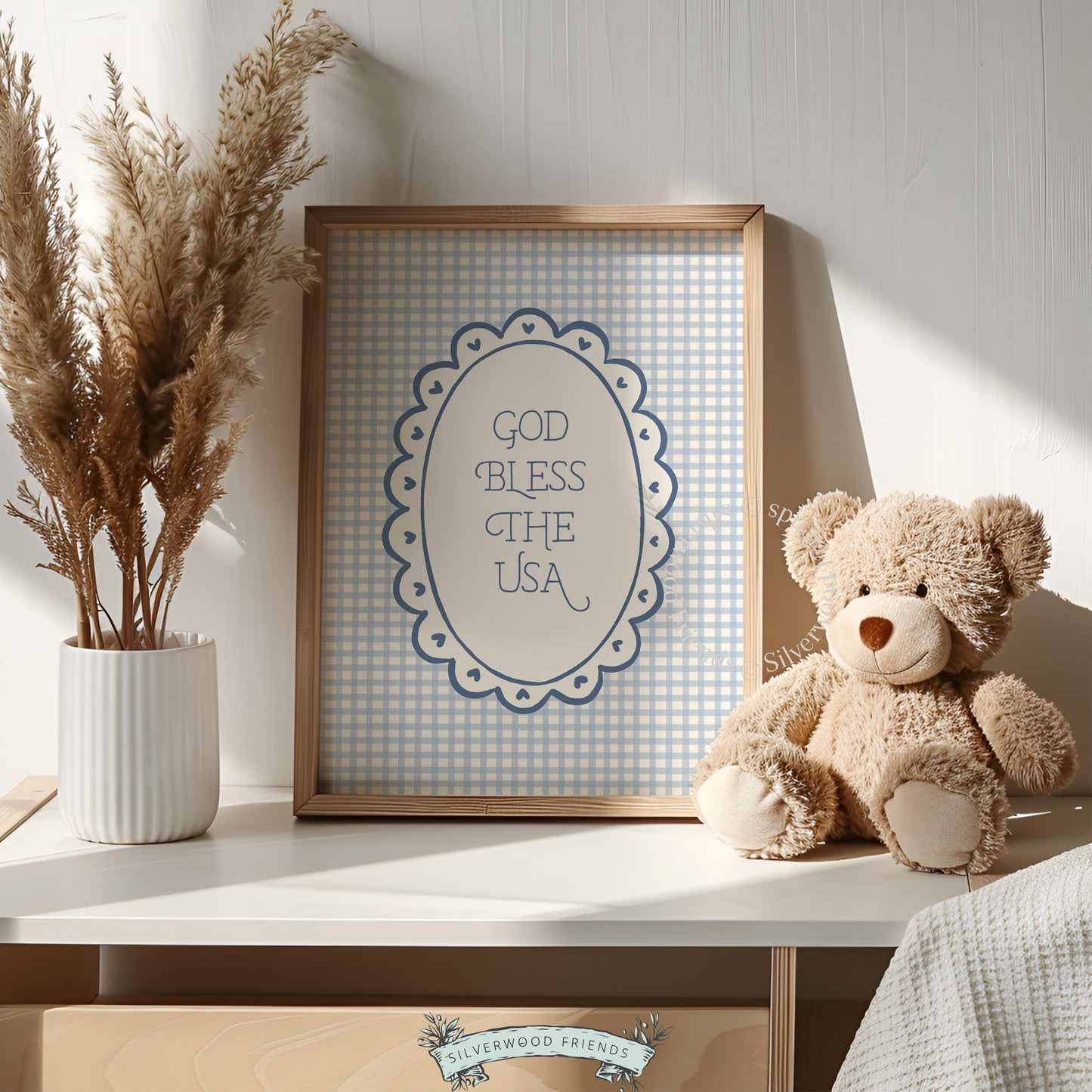 American heritage typography print for bedroom — hand-lettered style with cottage charm and muted color palette