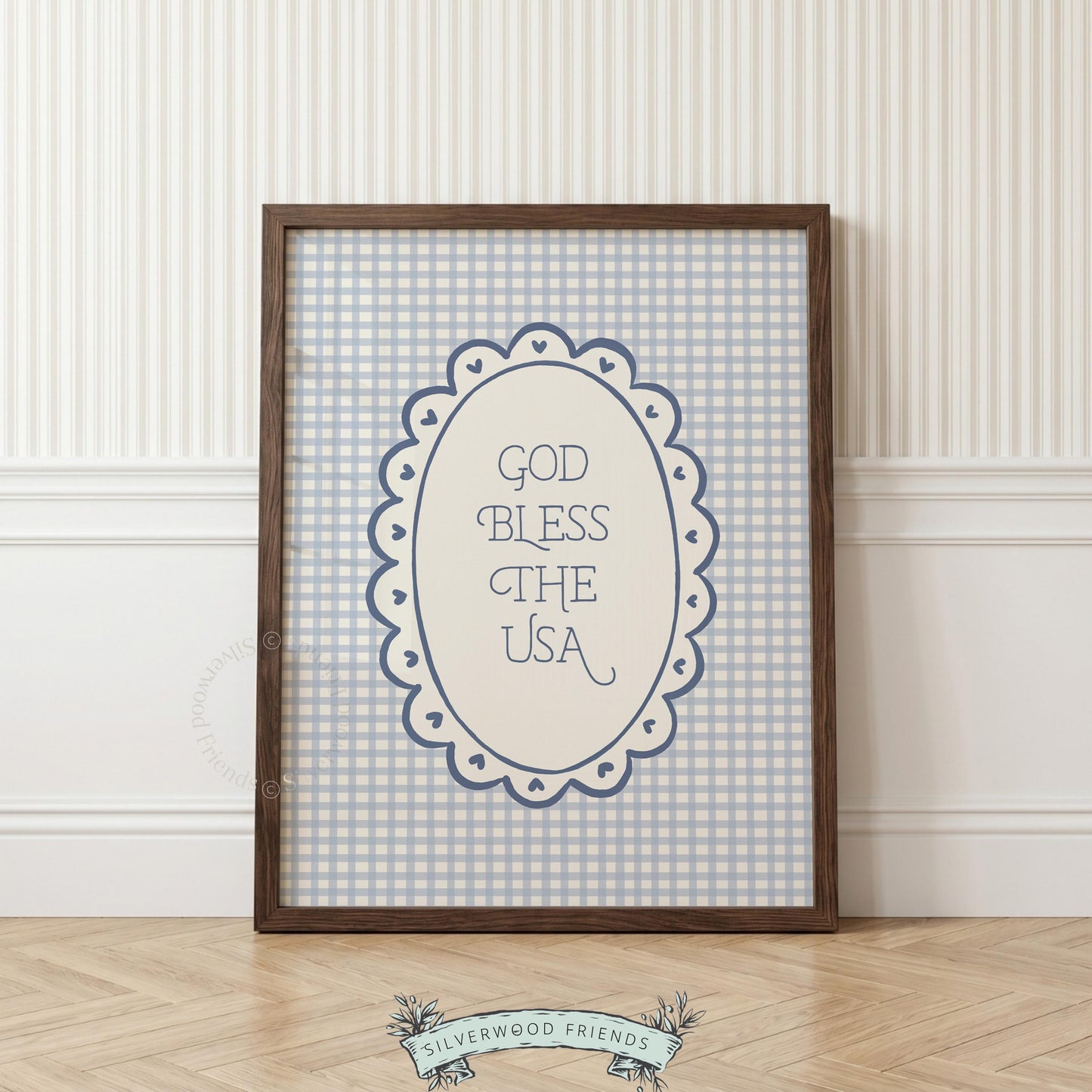 Vintage patriotic picture instant download — soft cottage aesthetic with muted blue palette and heart accents
