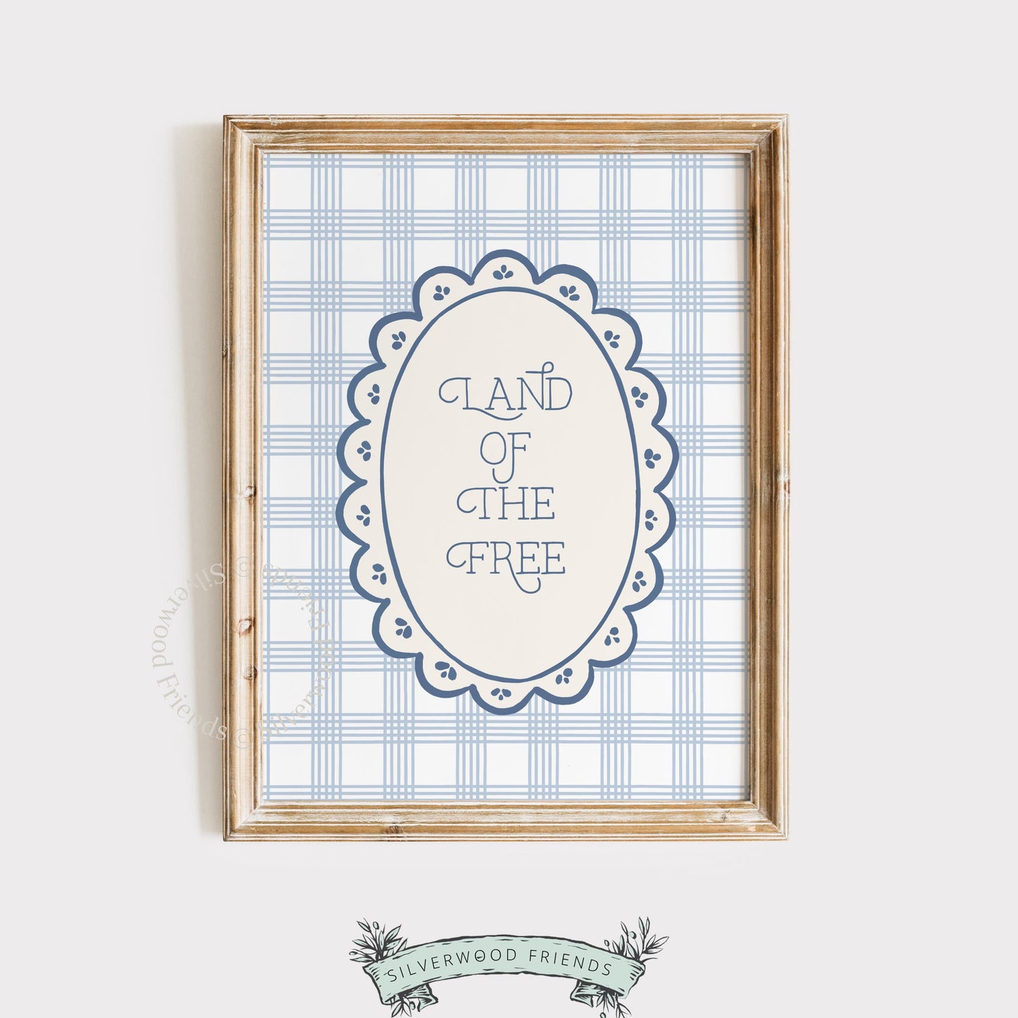 Printable patriotic art with elegant text in scalloped frame on dusty blue gingham backdrop