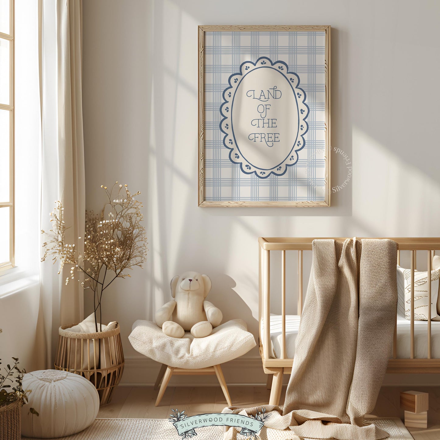 American pride wall print with elegant serif font in scalloped medallion on soft plaid surface