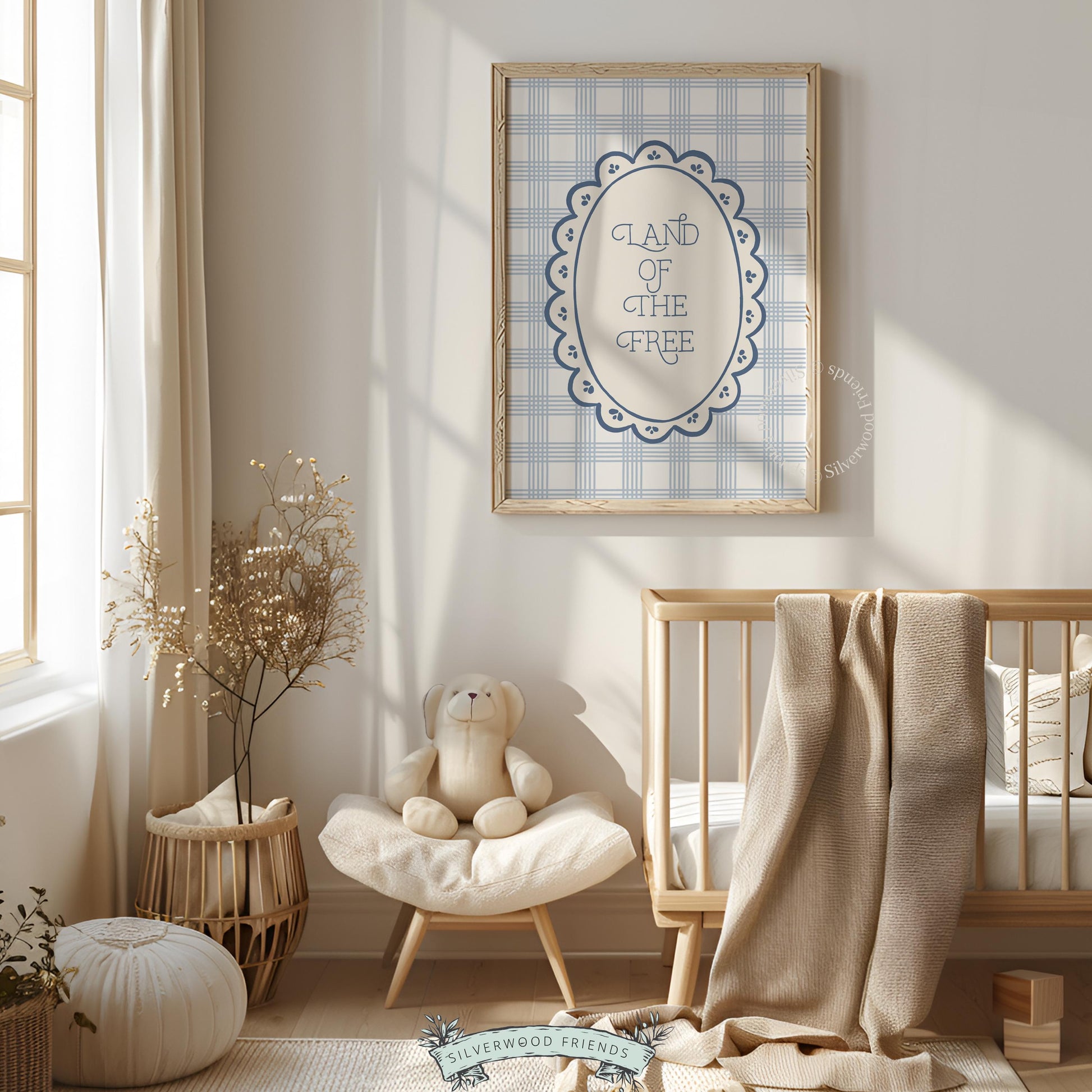 American pride wall print with elegant serif font in scalloped medallion on soft plaid surface