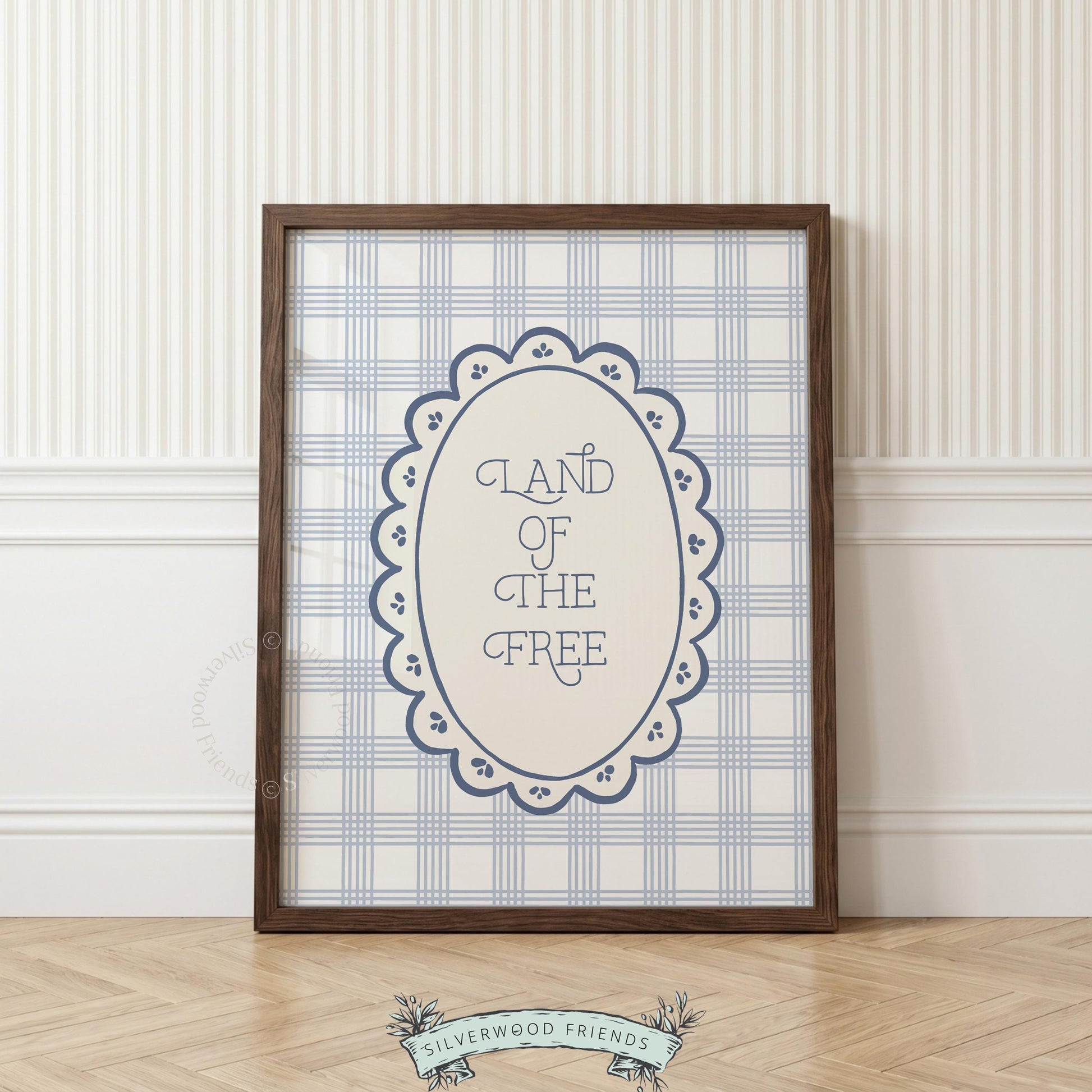 Vintage patriotic artwork featuring decorative frame and blue checkered farmhouse background