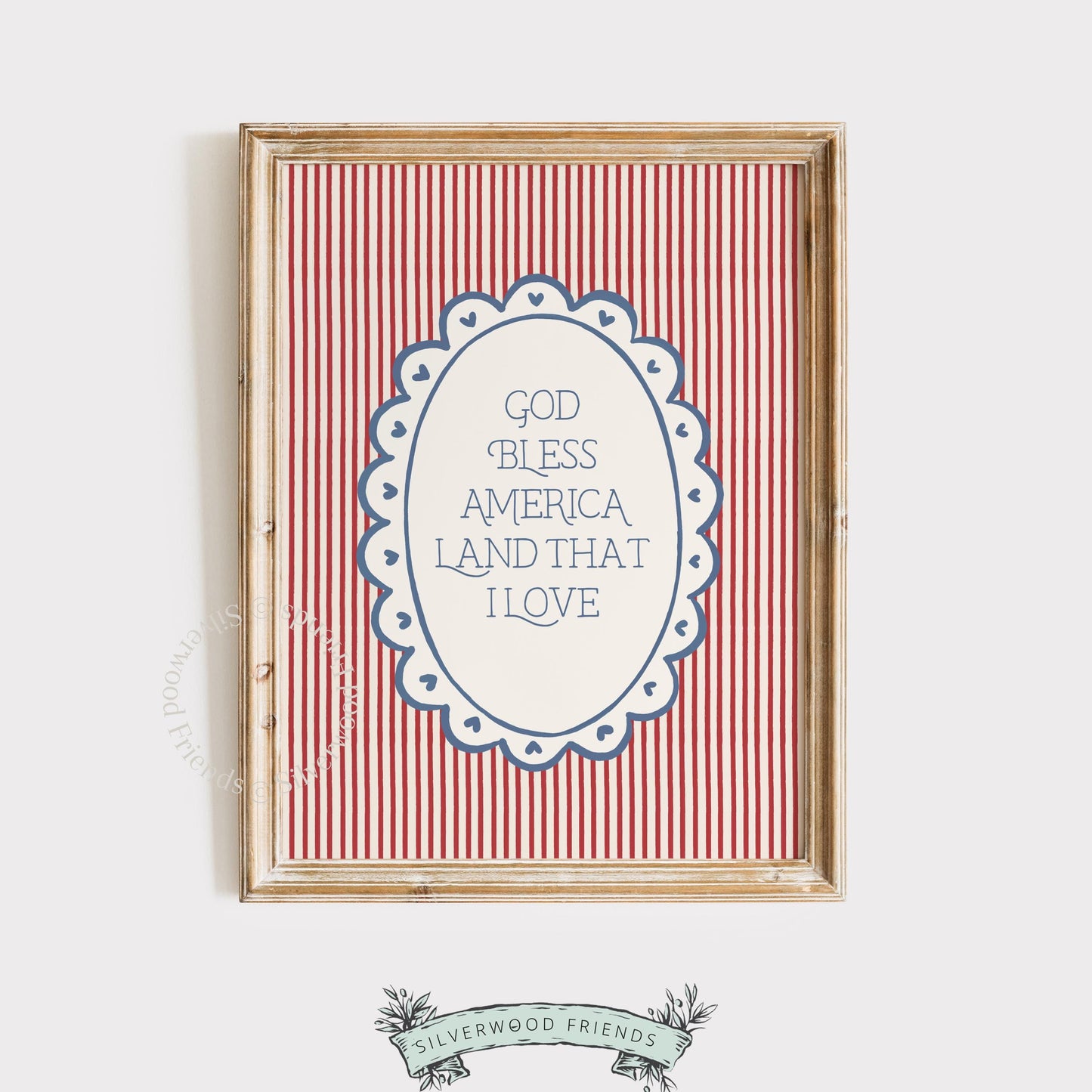 Fourth of July digital print with inspirational quote — scalloped border design, muted navy text on cream background
