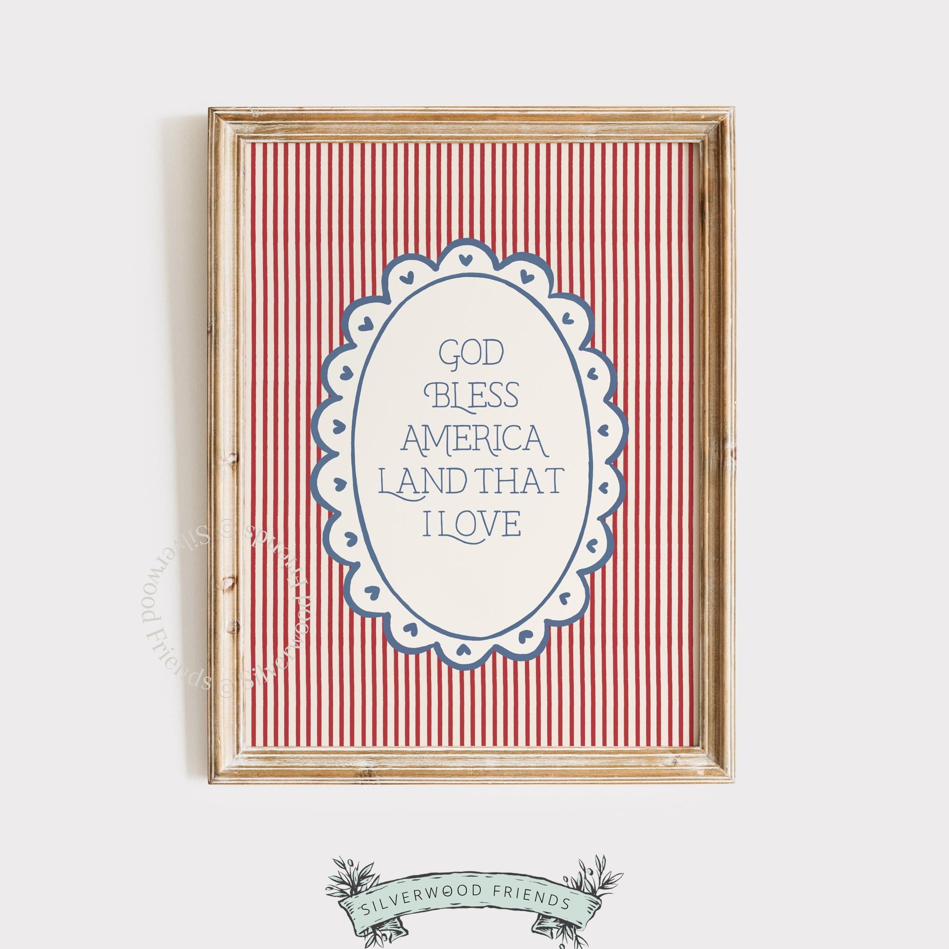 Fourth of July digital print with inspirational quote — scalloped border design, muted navy text on cream background