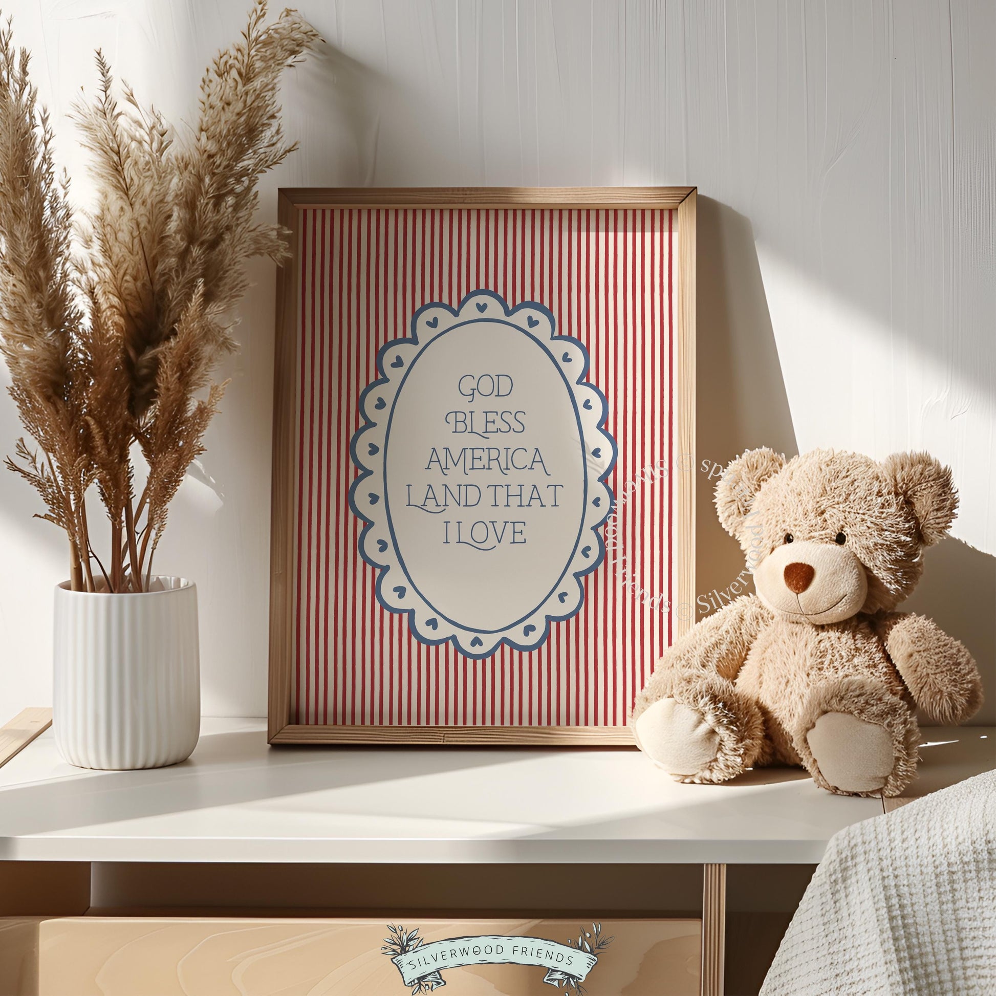 Patriotic digital download print for holiday decor — vintage Americana typography with heart details and scalloped border