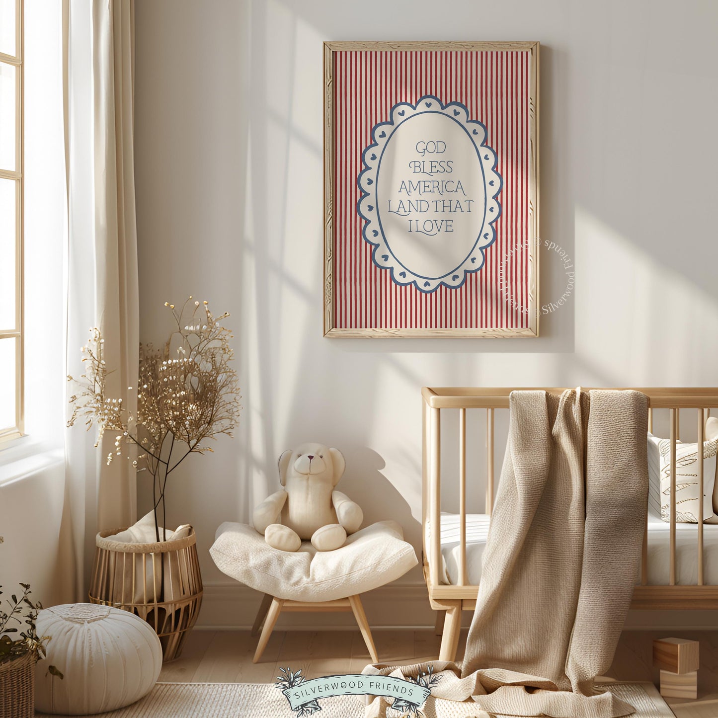 Americana wall decor digital art featuring inspirational quote — hand-lettered navy text with patriotic color combination