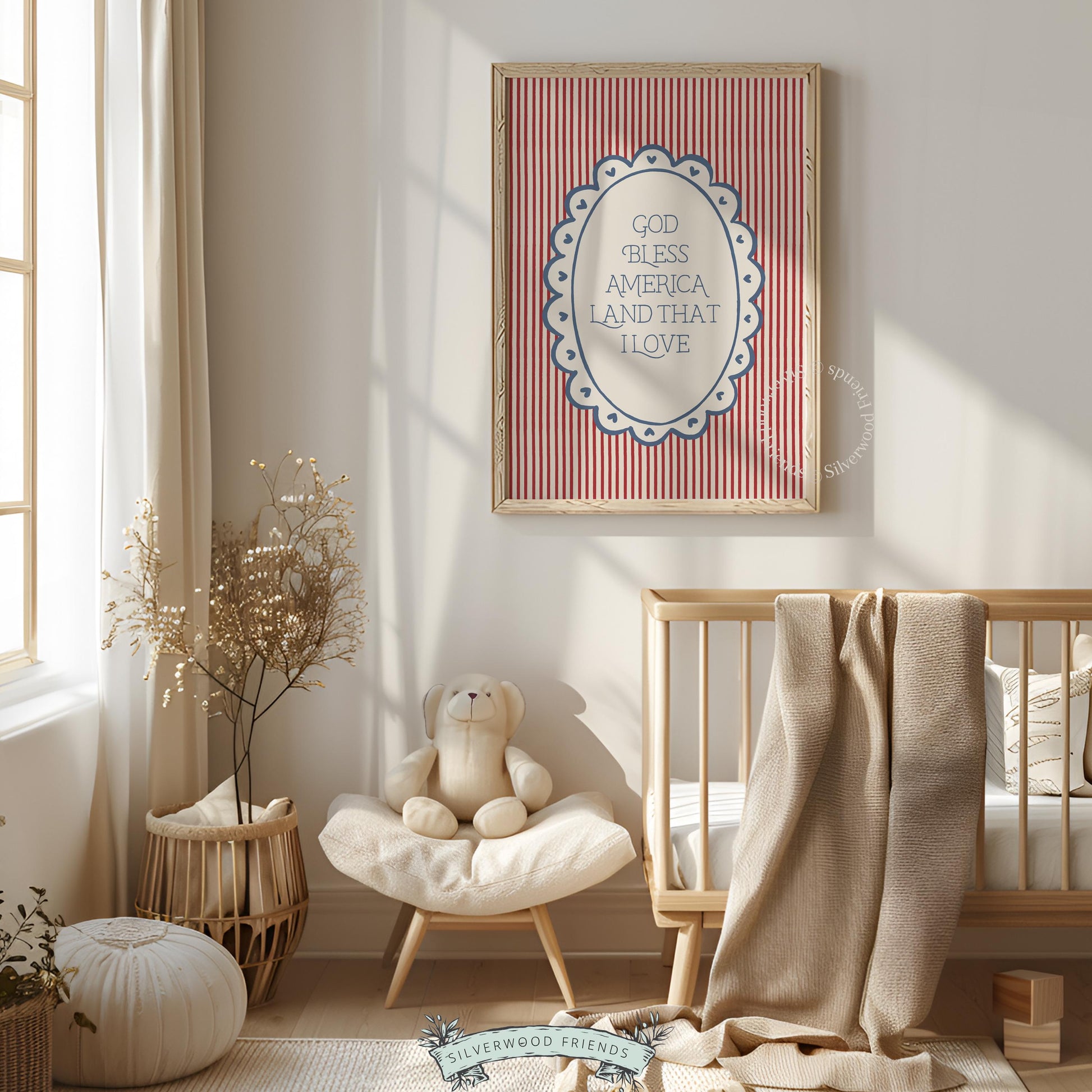 Americana wall decor digital art featuring inspirational quote — hand-lettered navy text with patriotic color combination