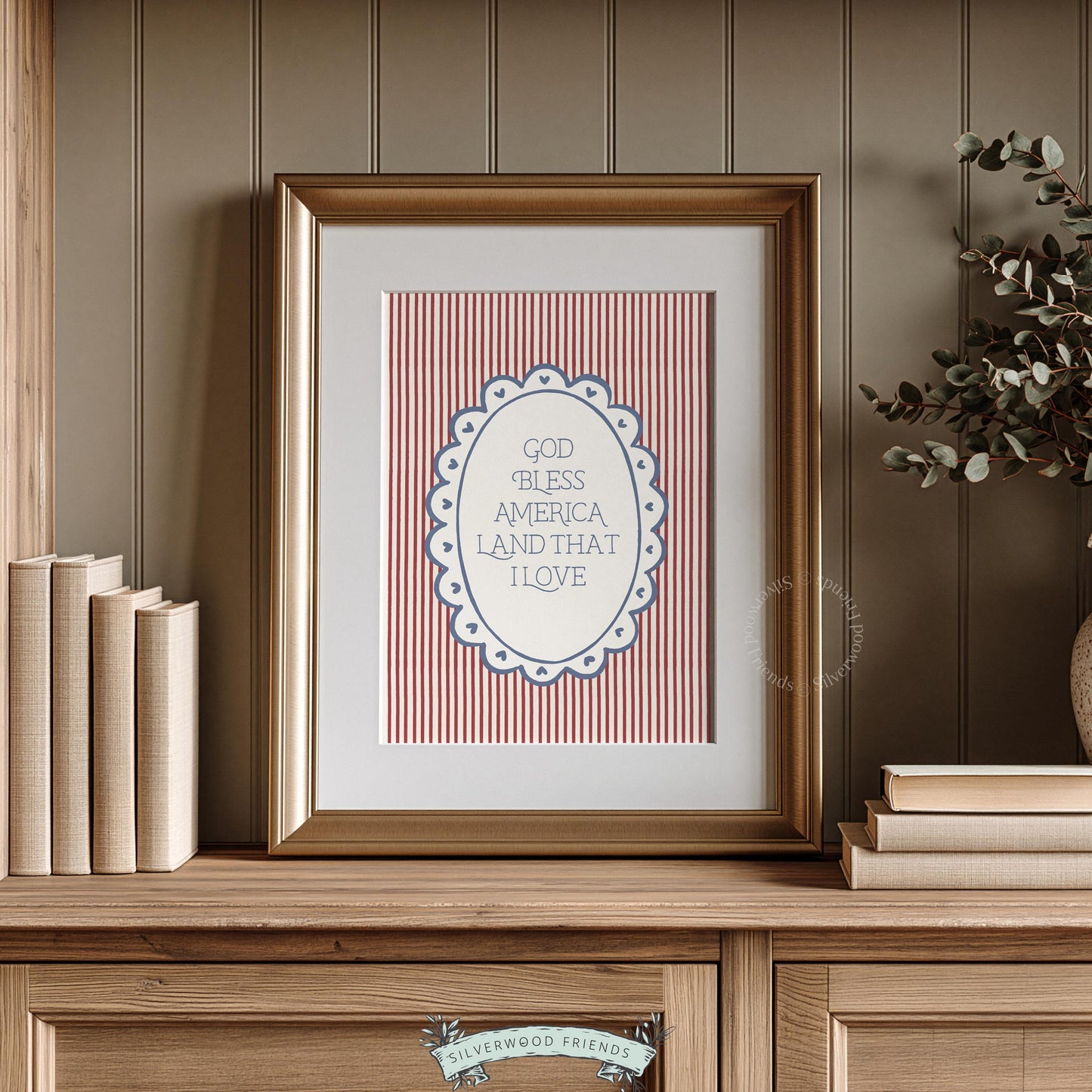 Patriotic typography printable art for living room — red, white, blue vintage farmhouse design with scalloped oval frame