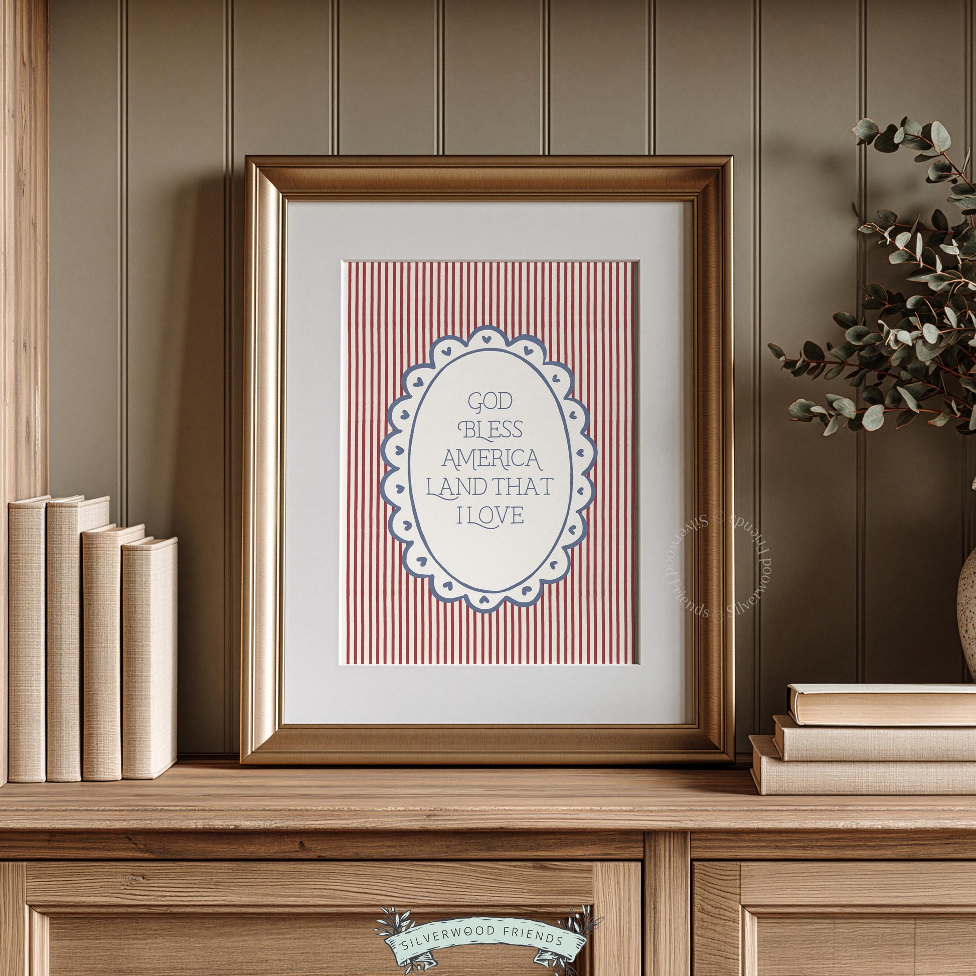 Patriotic typography printable art for living room — red, white, blue vintage farmhouse design with scalloped oval frame